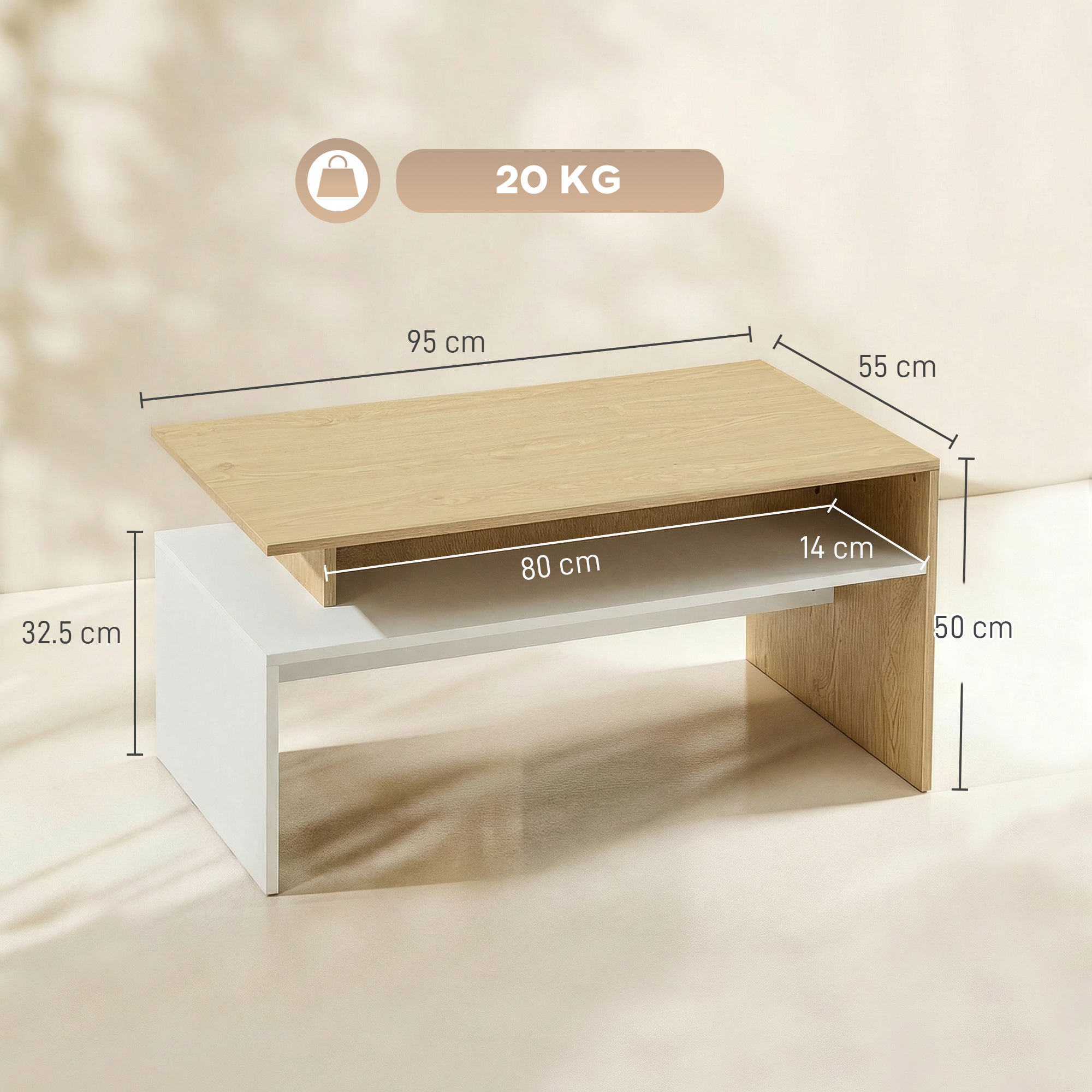 Un tavolino moderno a due livelli, finitura bianca e legno. Le dimensioni sono indicate.
