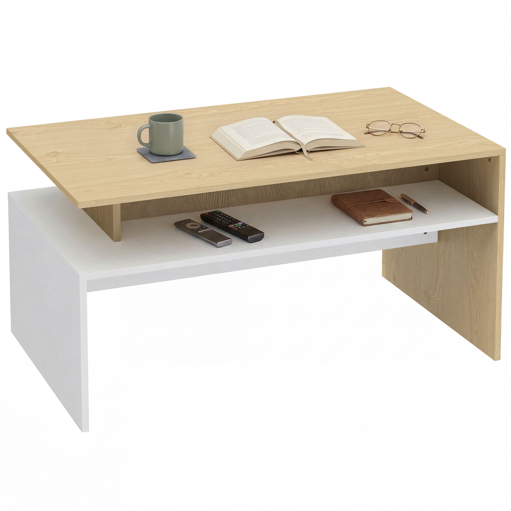 Un tavolino moderno in legno a due ripiani, con libro, tazza e occhiali.