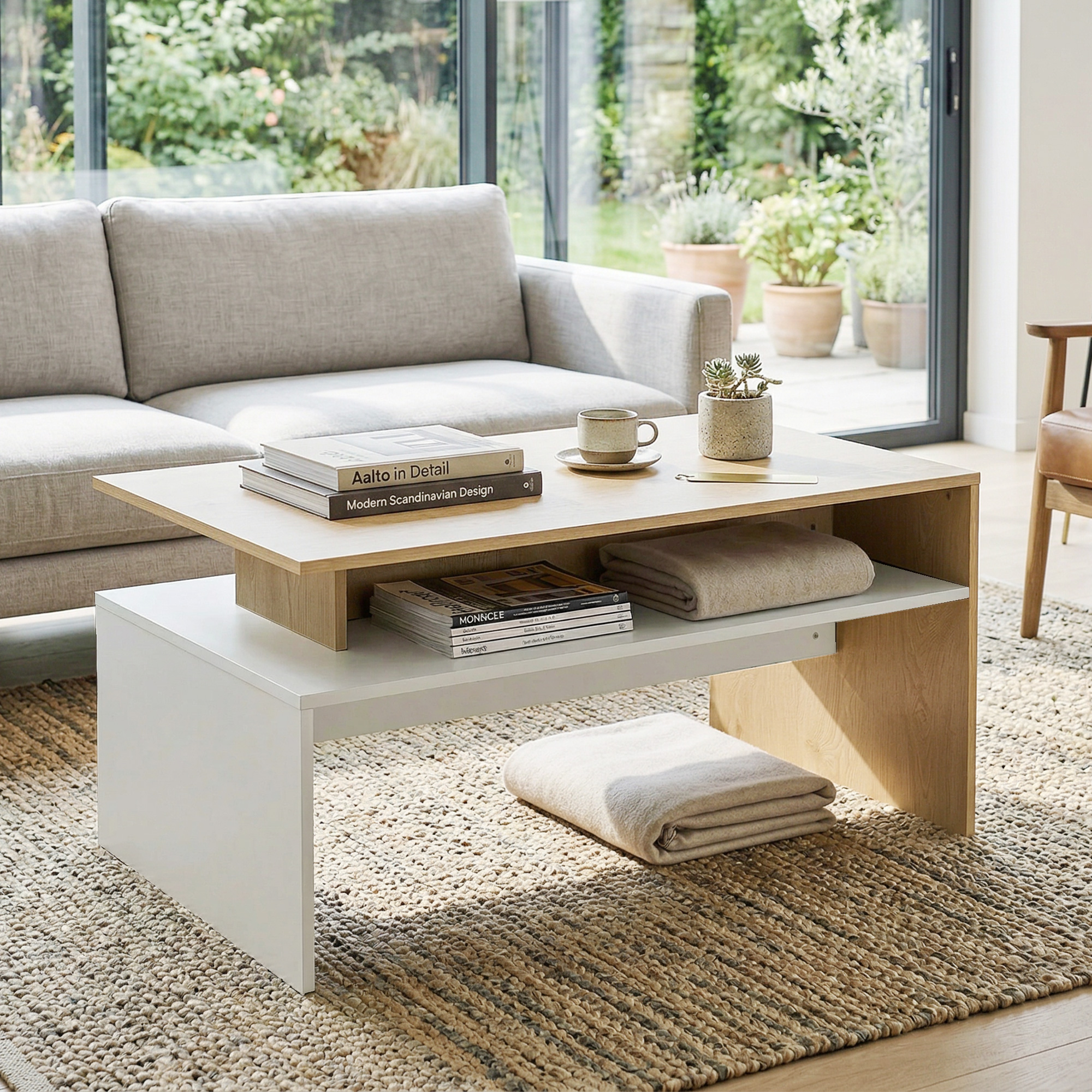 Tavolino da caffè moderno con libri, coperte e pianta davanti a divano e giardino.