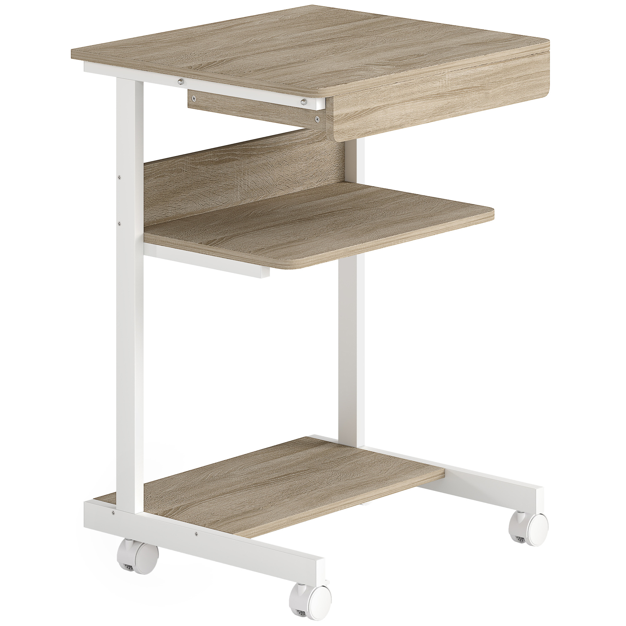 Tavolino in legno con struttura in metallo bianco e ruote.