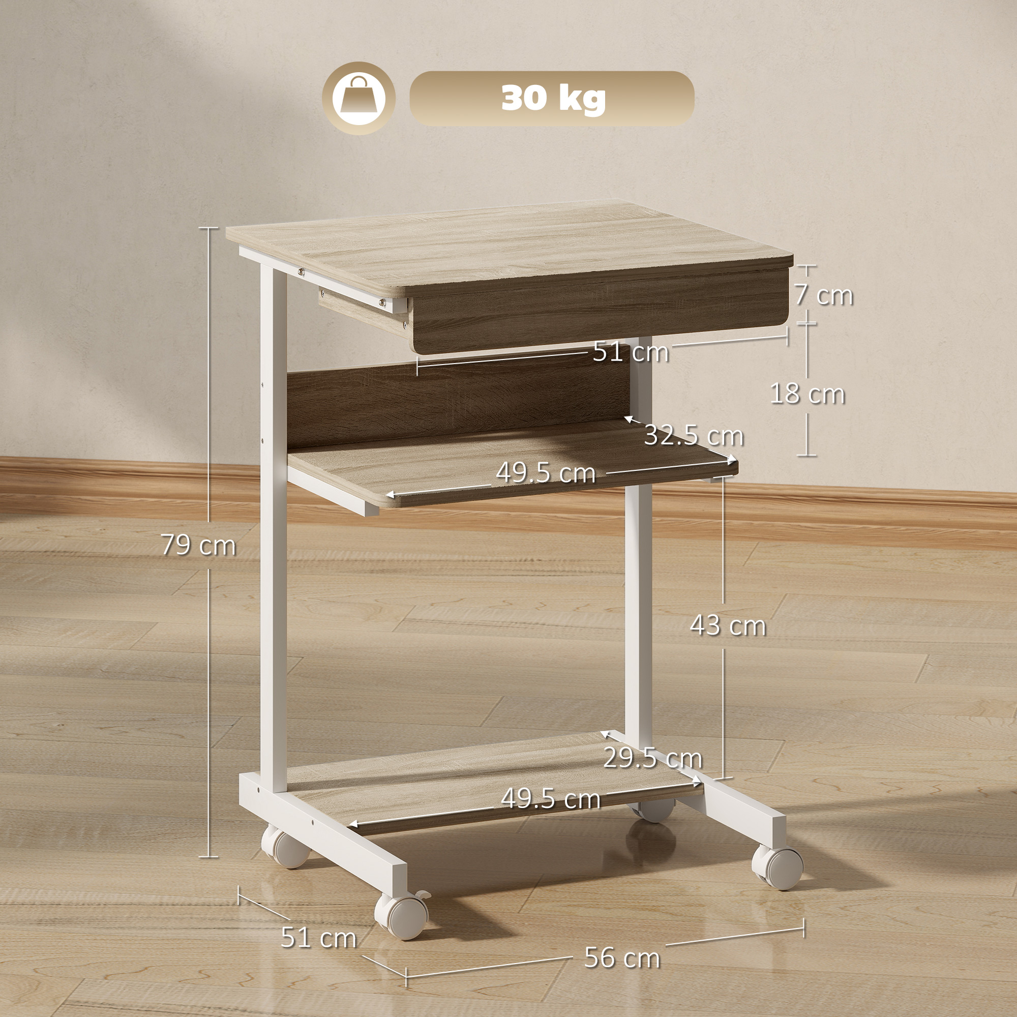 Un tavolo in legno chiaro con struttura bianca e ruote. Max. 30 kg.