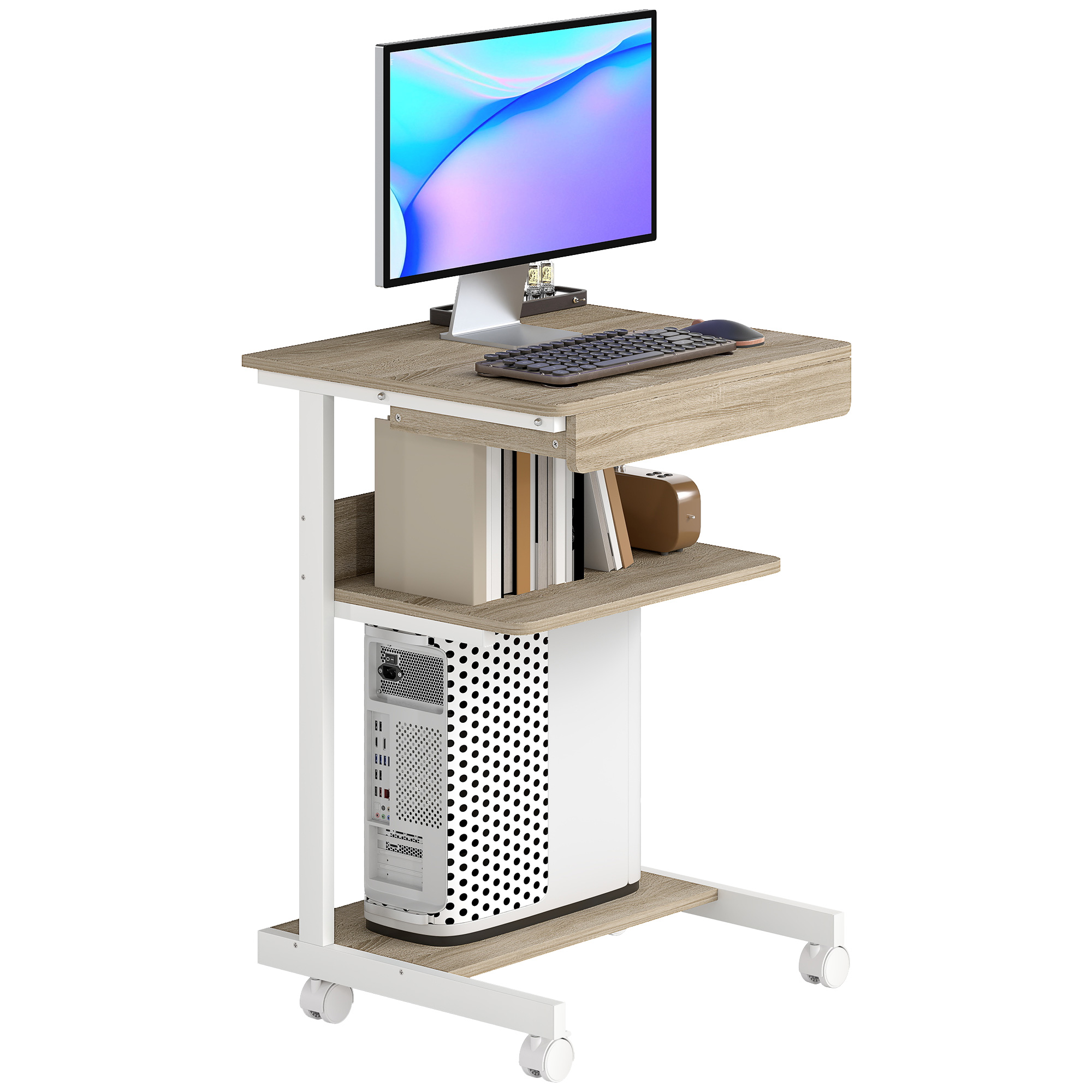 Una scrivania per computer su ruote con monitor, tastiera, mouse, PC e libri.