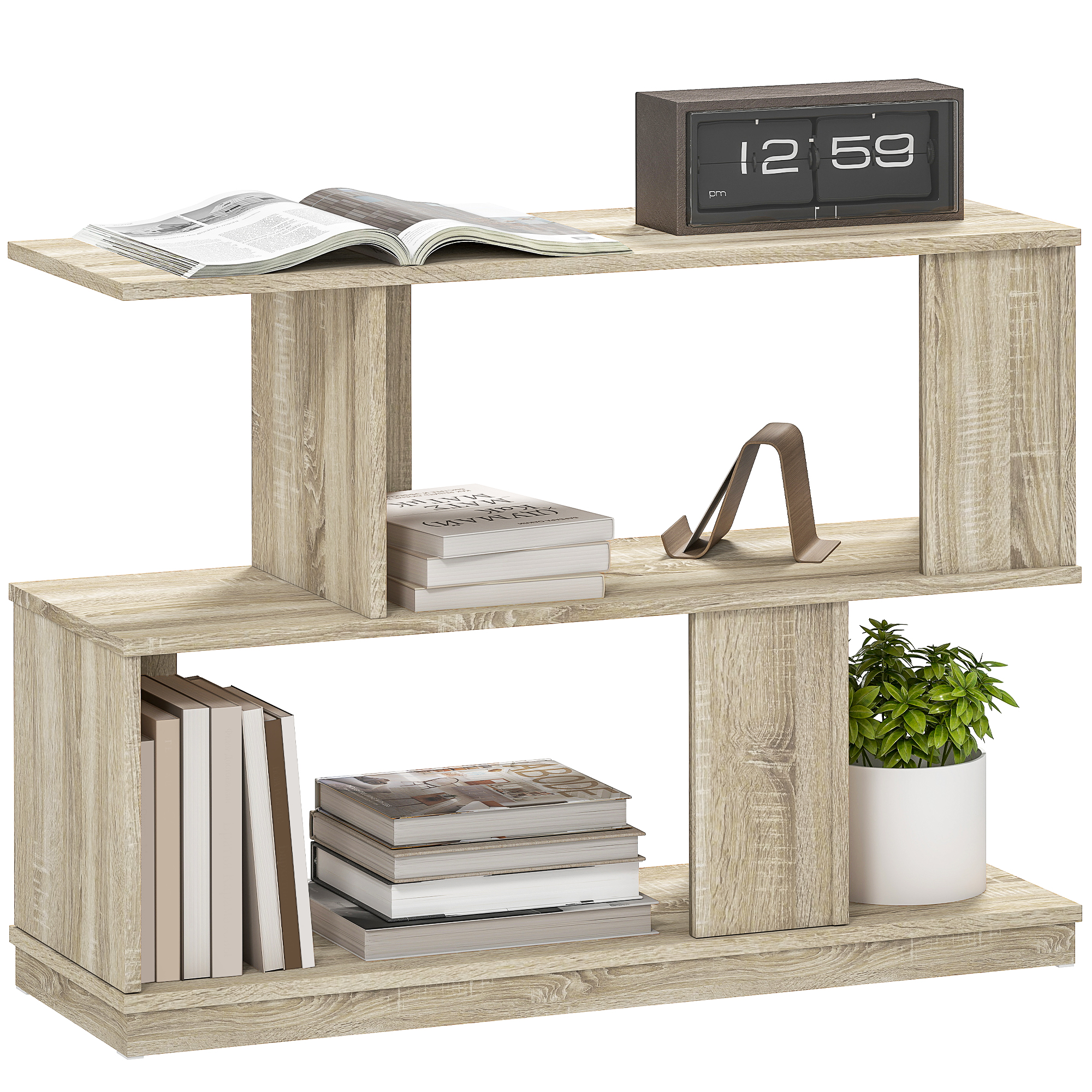 Una mensola in legno con libri, una pianta e un orologio.
