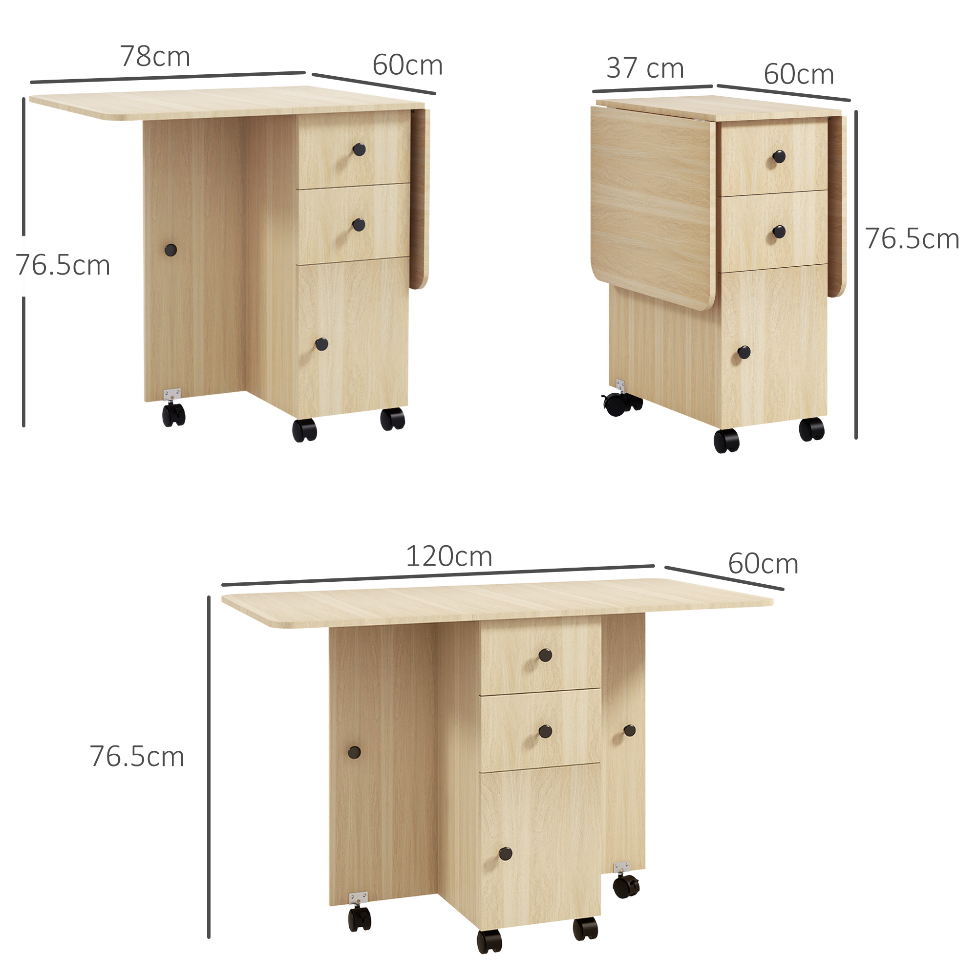Tavolo pieghevole in legno chiaro con cassetti e ruote.