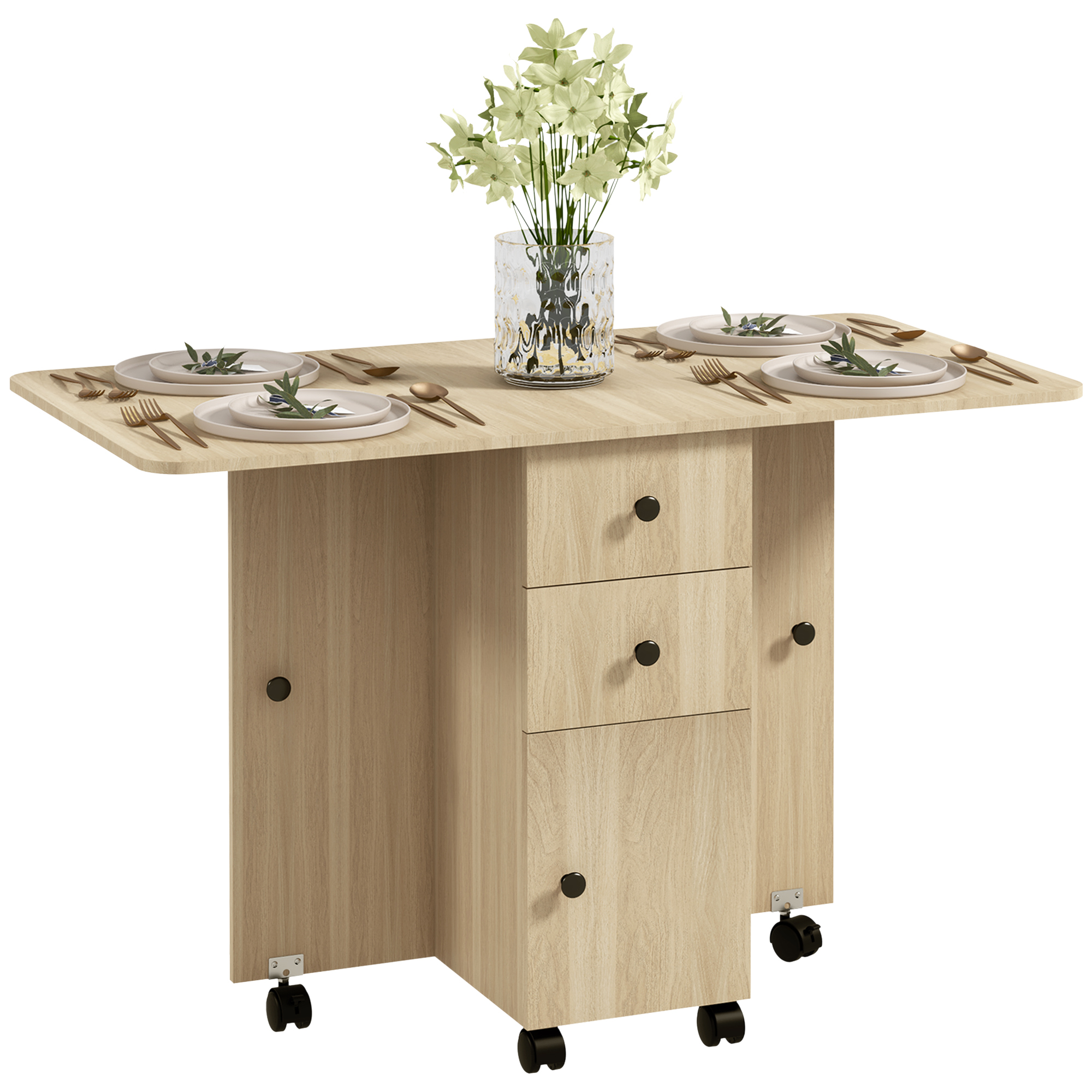 Tavolo in legno chiaro a ribalta per quattro, con vaso di fiori al centro.