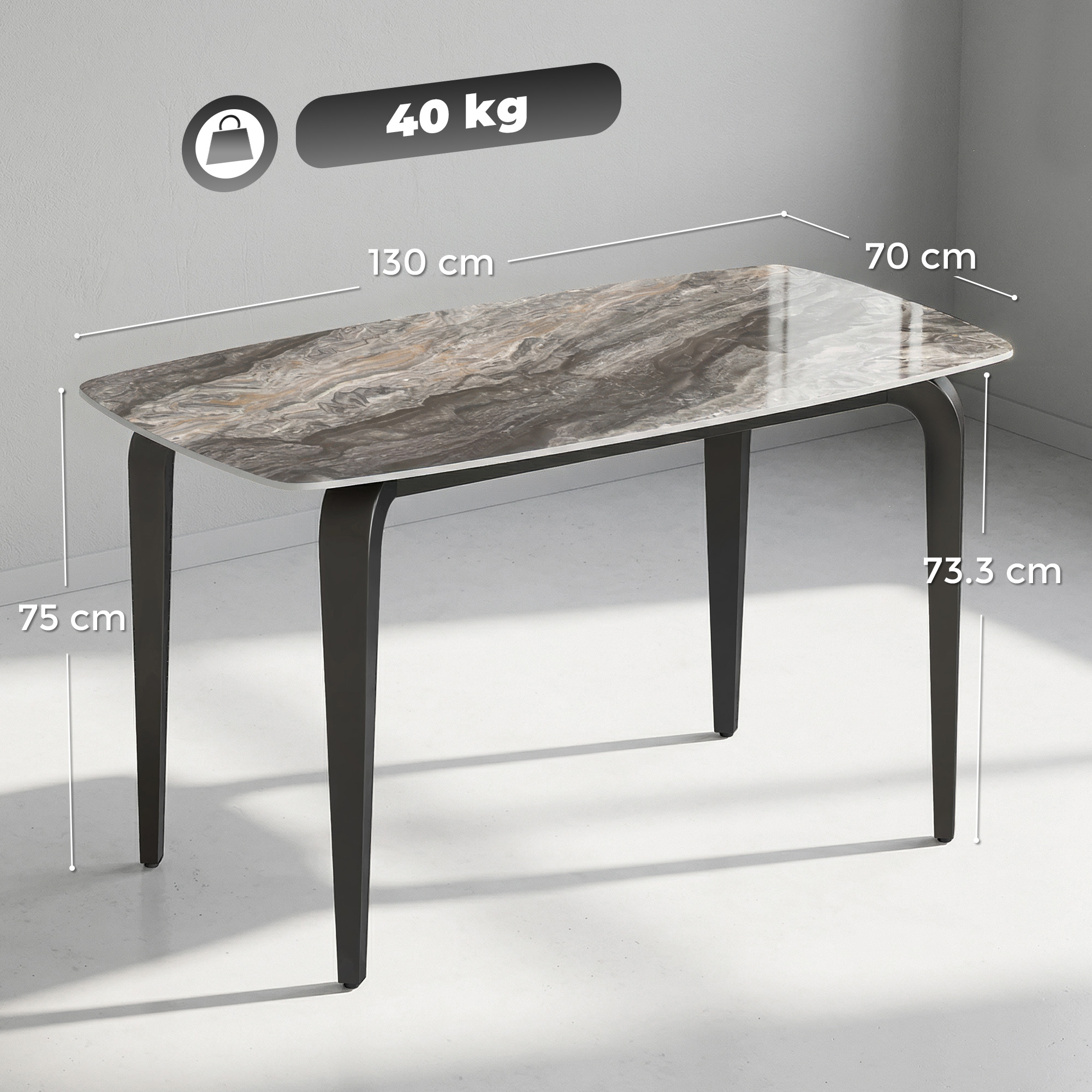 Tavolo con motivo marmorizzato, 130cm L x 70cm P x 75cm A, regge 40kg.