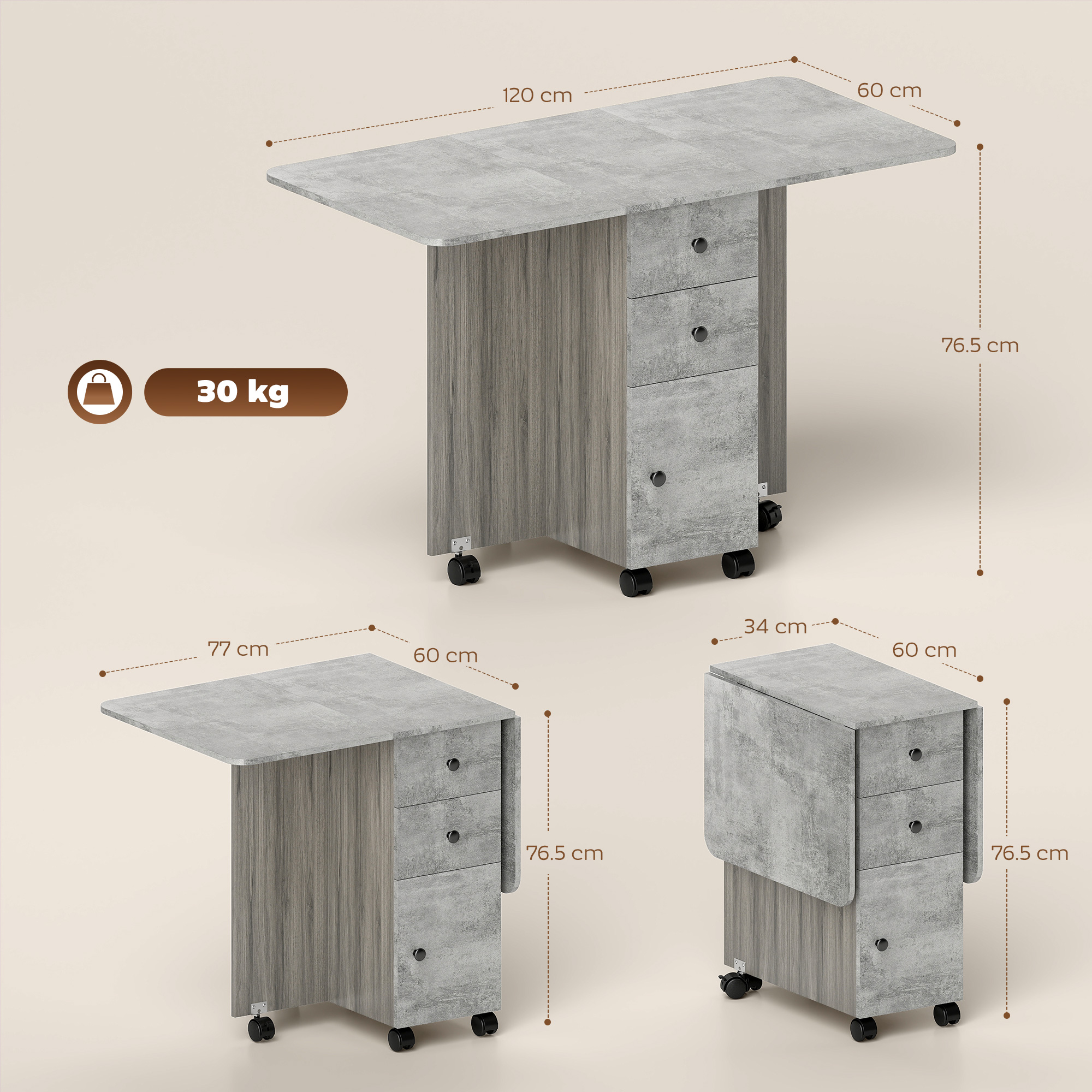 Tavolo allungabile con cassetti e ruote, dimensioni 120x60x76,5 cm.