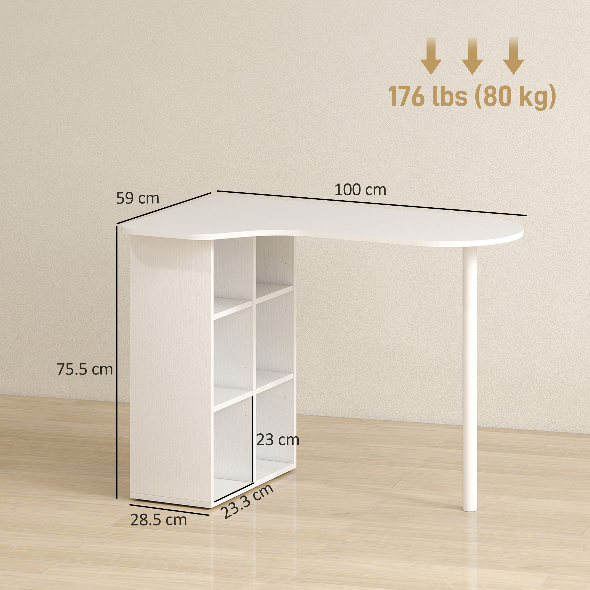 Scrivania angolare bianca con mensole. Dimensioni 100x59cm, 75.5cm H.