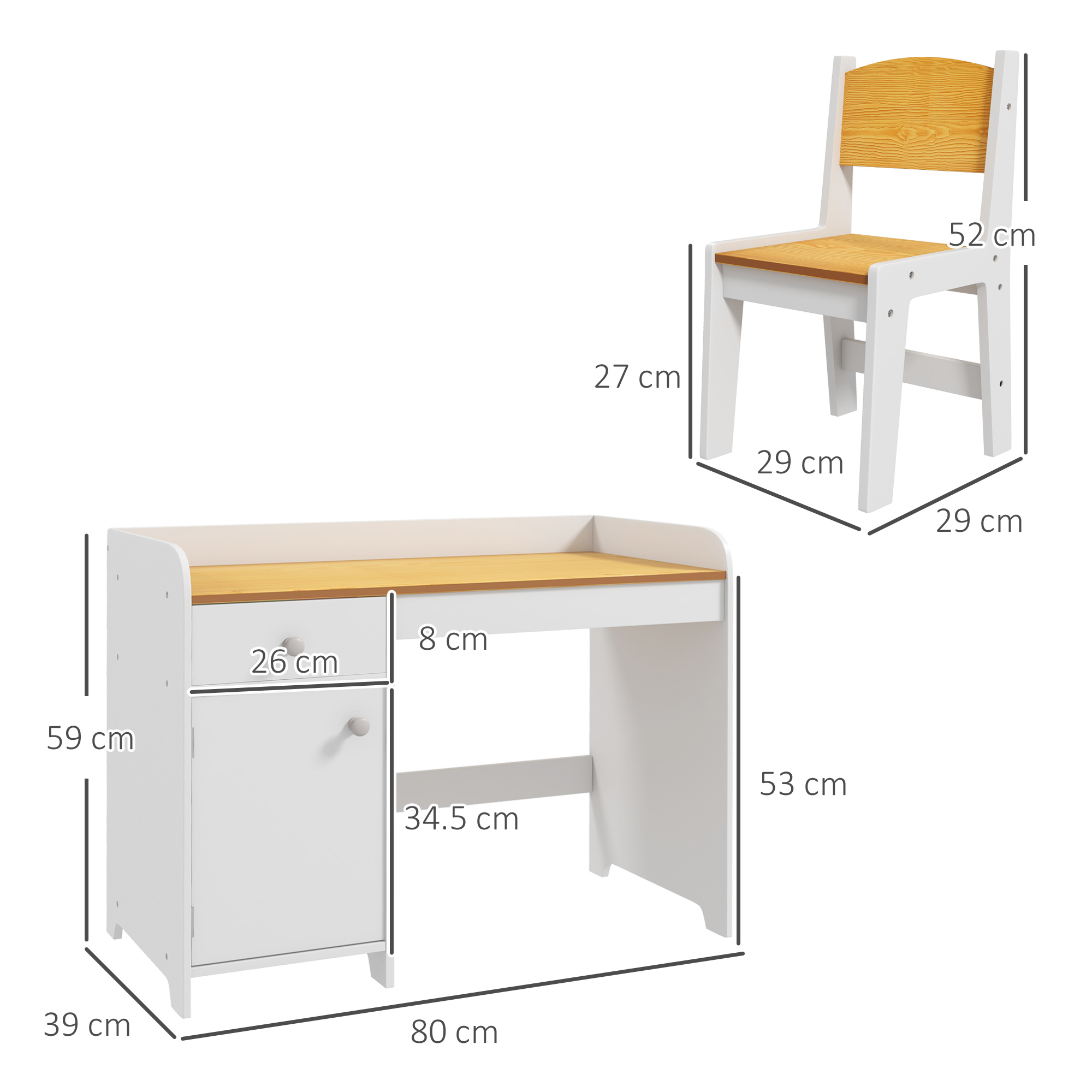 Una scrivania bianca con piano in legno e una sedia abbinata accanto.