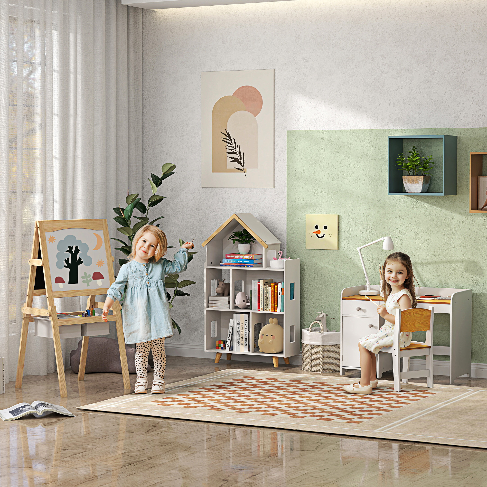 Due bambine in una stanza dei giochi, una dipinge al cavalletto, l'altra a una scrivania.