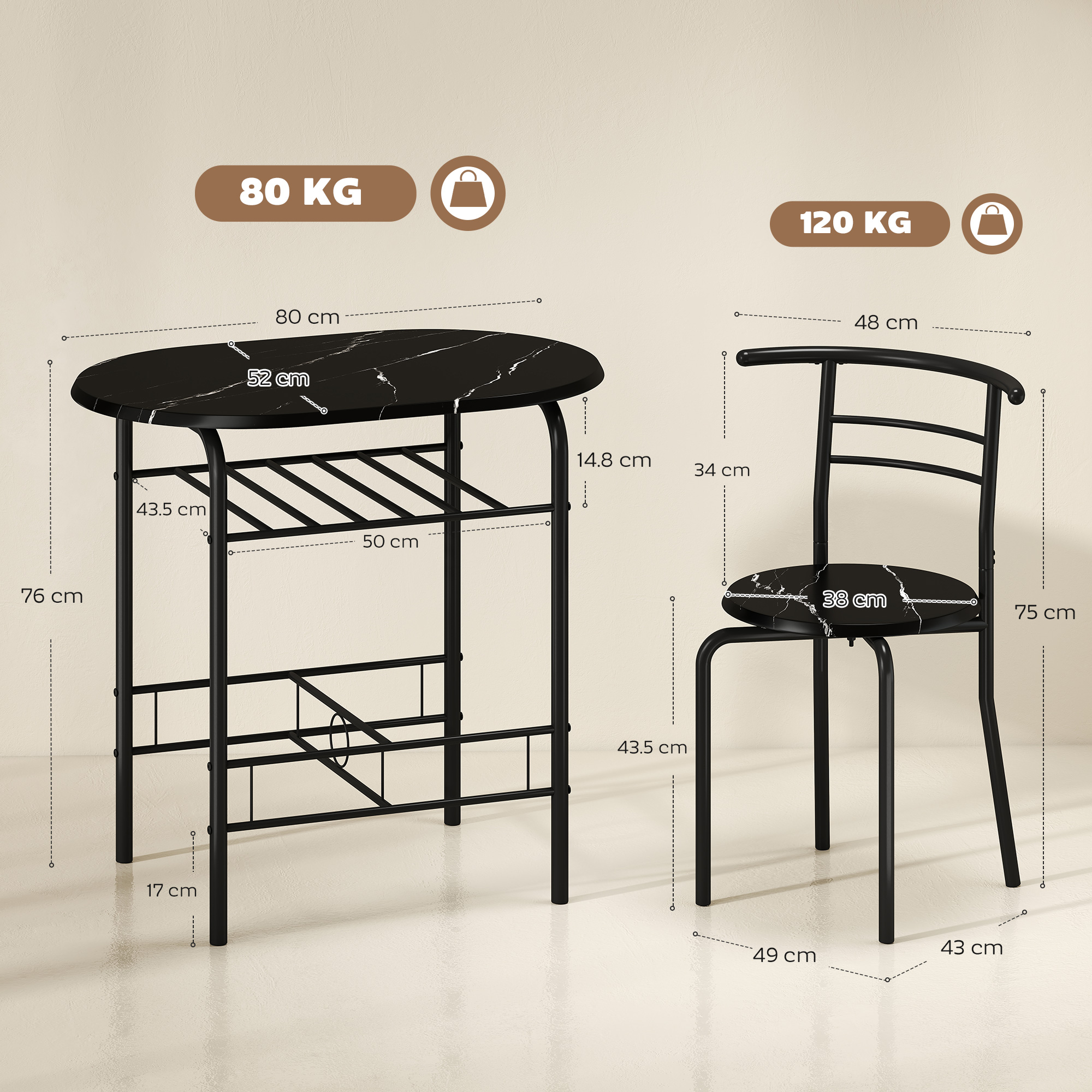 Tavolo ovale nero (80 kg) e sedia (120 kg) con dimensioni.