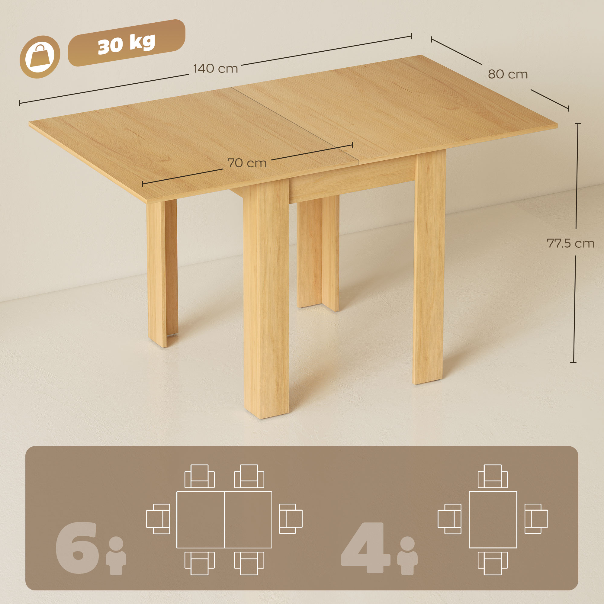Tavolo allungabile in legno, 140x80x77,5 cm, capacità 30 kg.