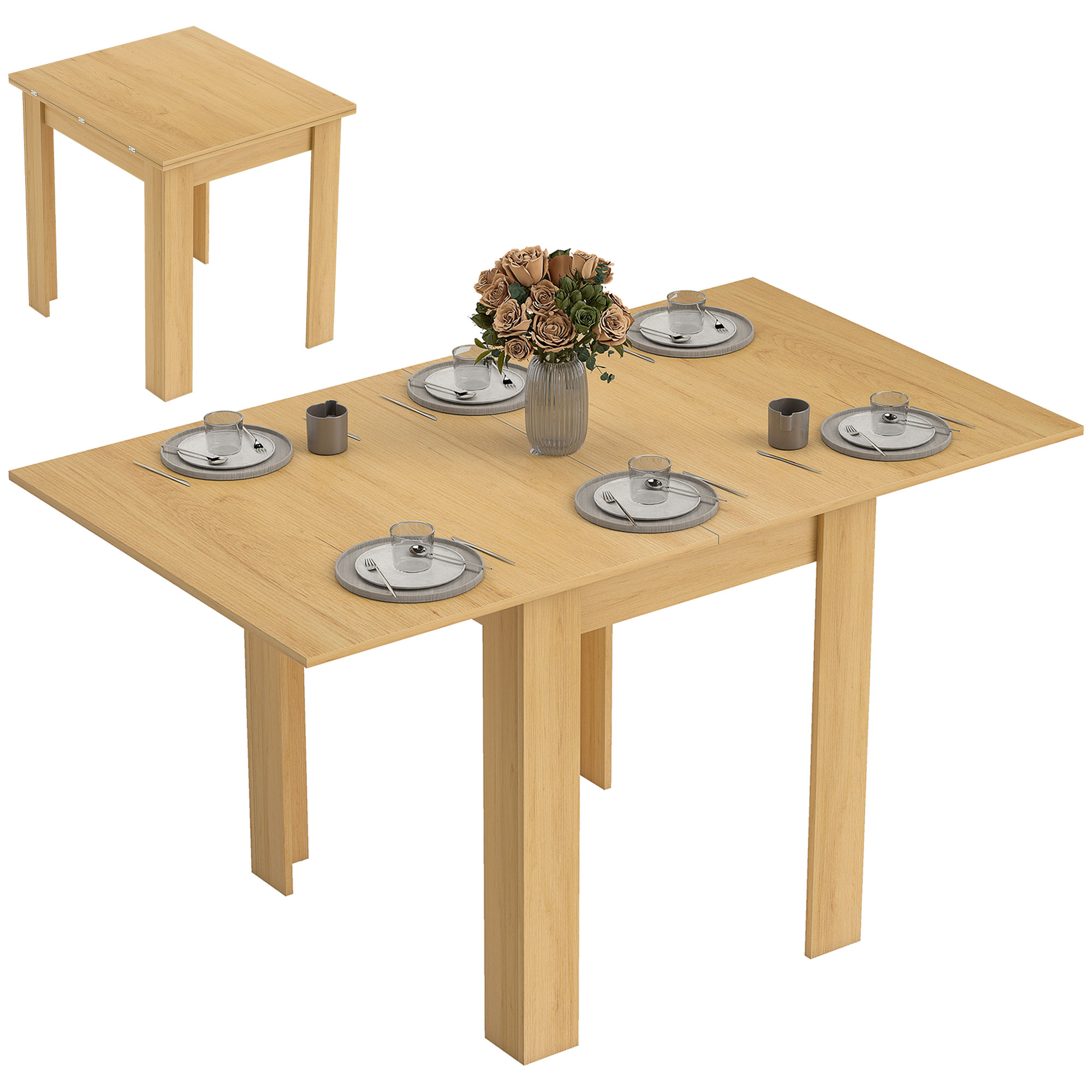 Tavolo in legno estensibile apparecchiato con vaso di fiori.