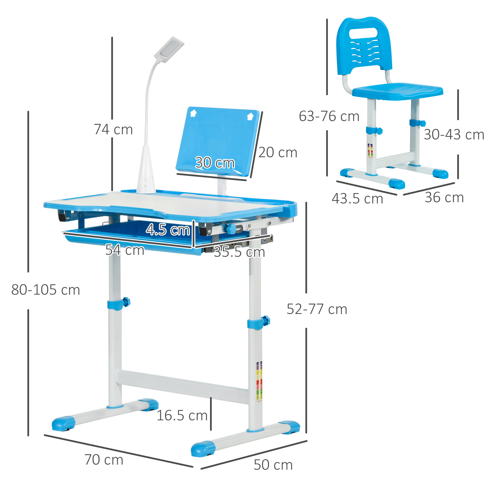 Scrivania per bambini blu regolabile con lampada e sedia, con dimensioni.
