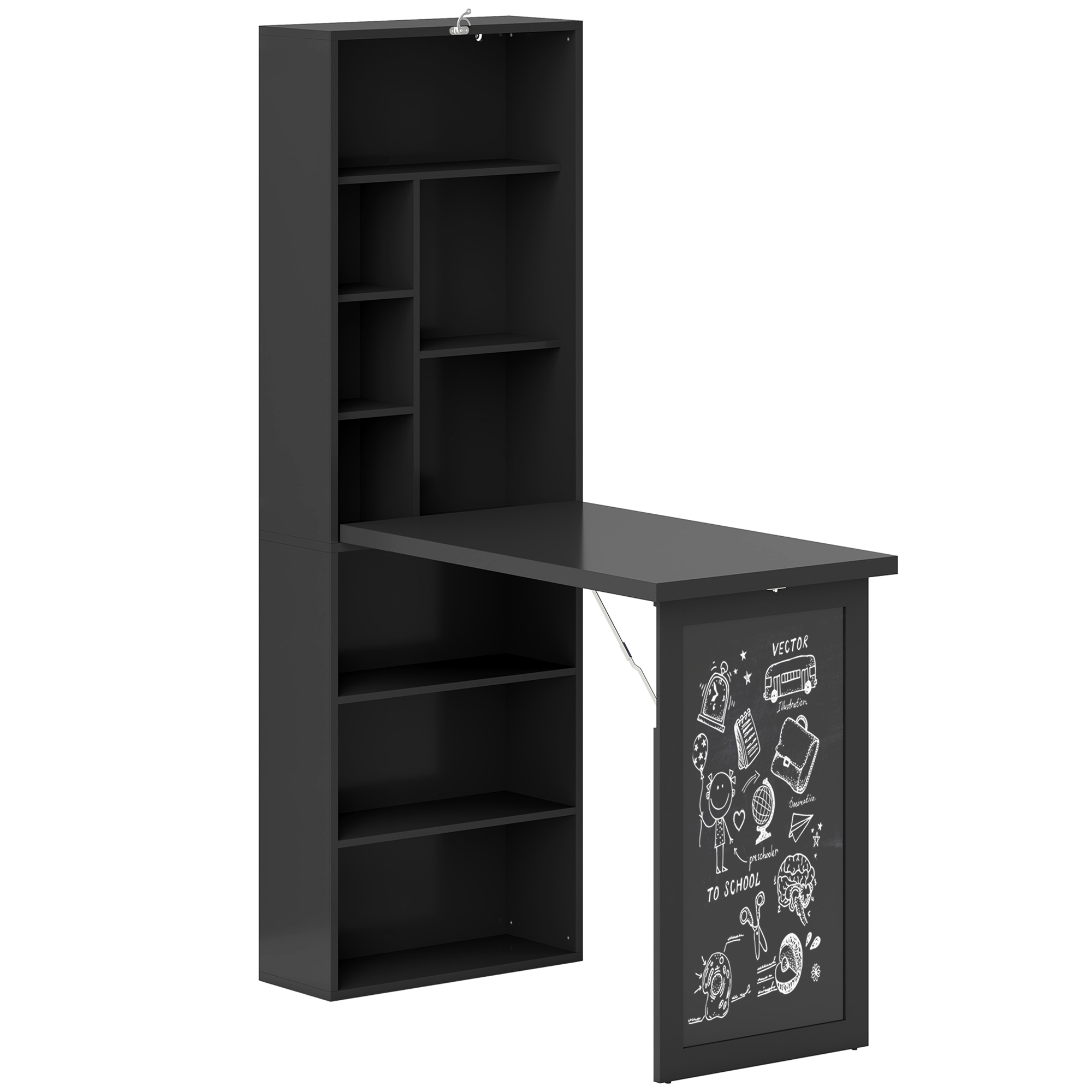 Scaffale nero con scrivania pieghevole e lavagna con scarabocchi.