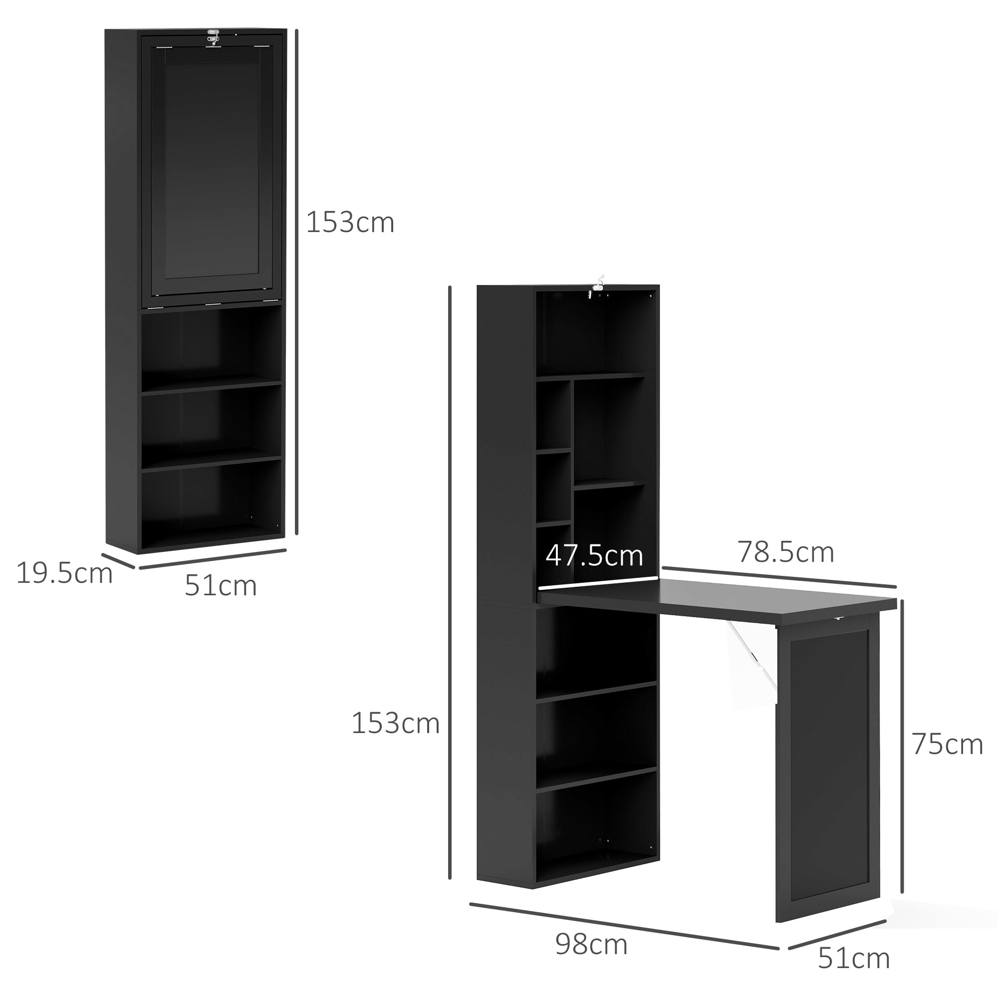 Scaffale nero con scrivania a scomparsa, dimensioni indicate.