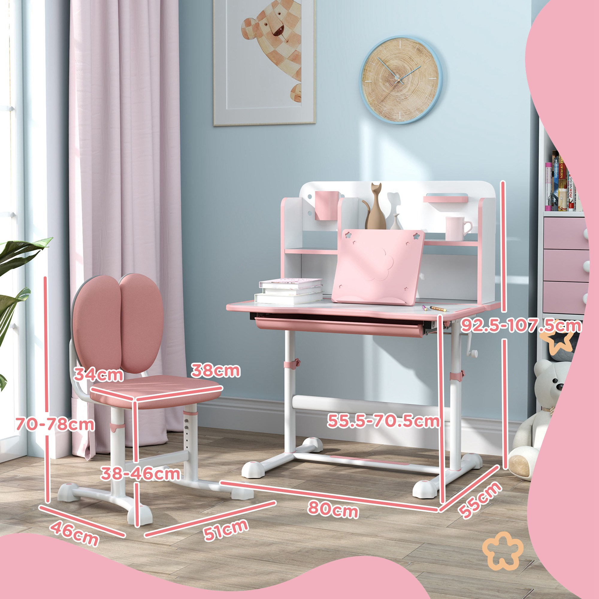 Una scrivania e sedia per bambini rosa con misure e decorazioni.