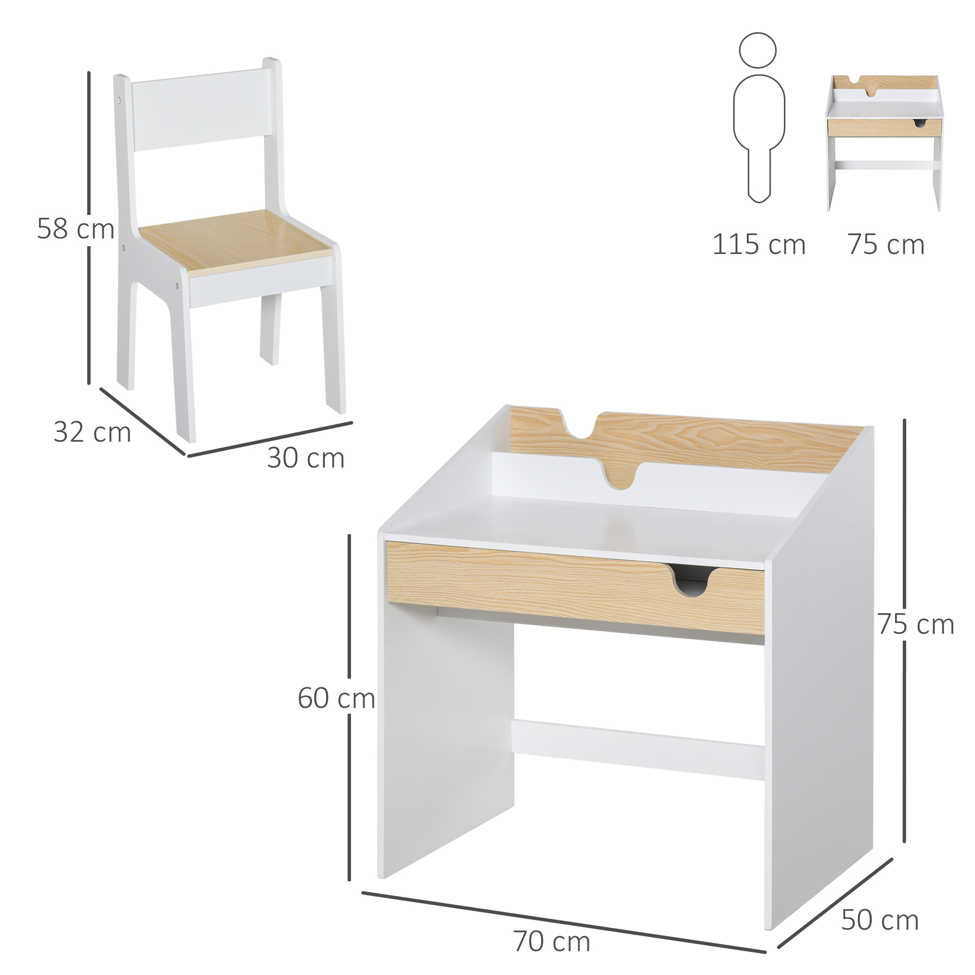 Una scrivania bianca e in legno chiaro con cassetto e una sedia abbinata con misure.