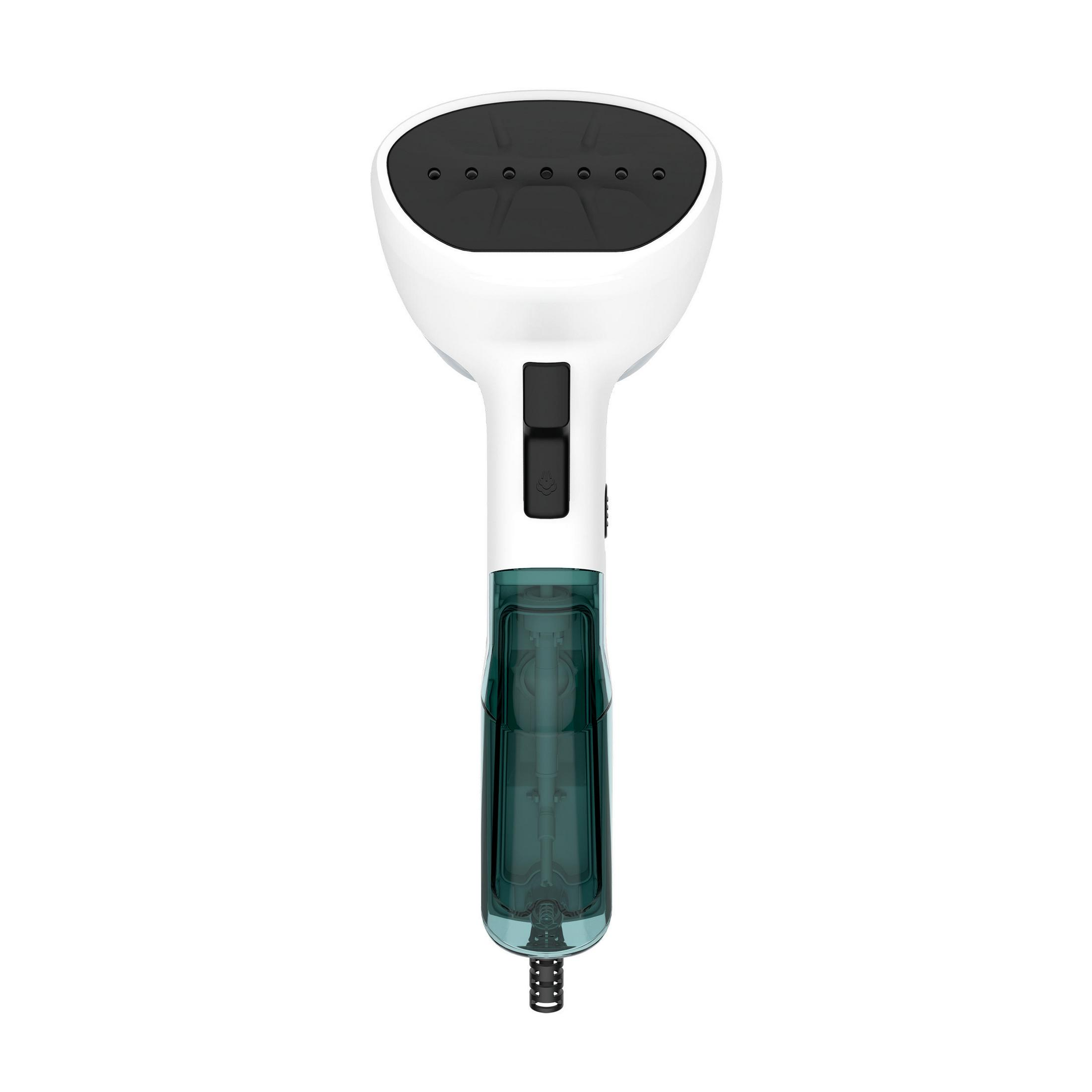 Un vaporizzatore manuale bianco con pannello di controllo nero e serbatoio verde.