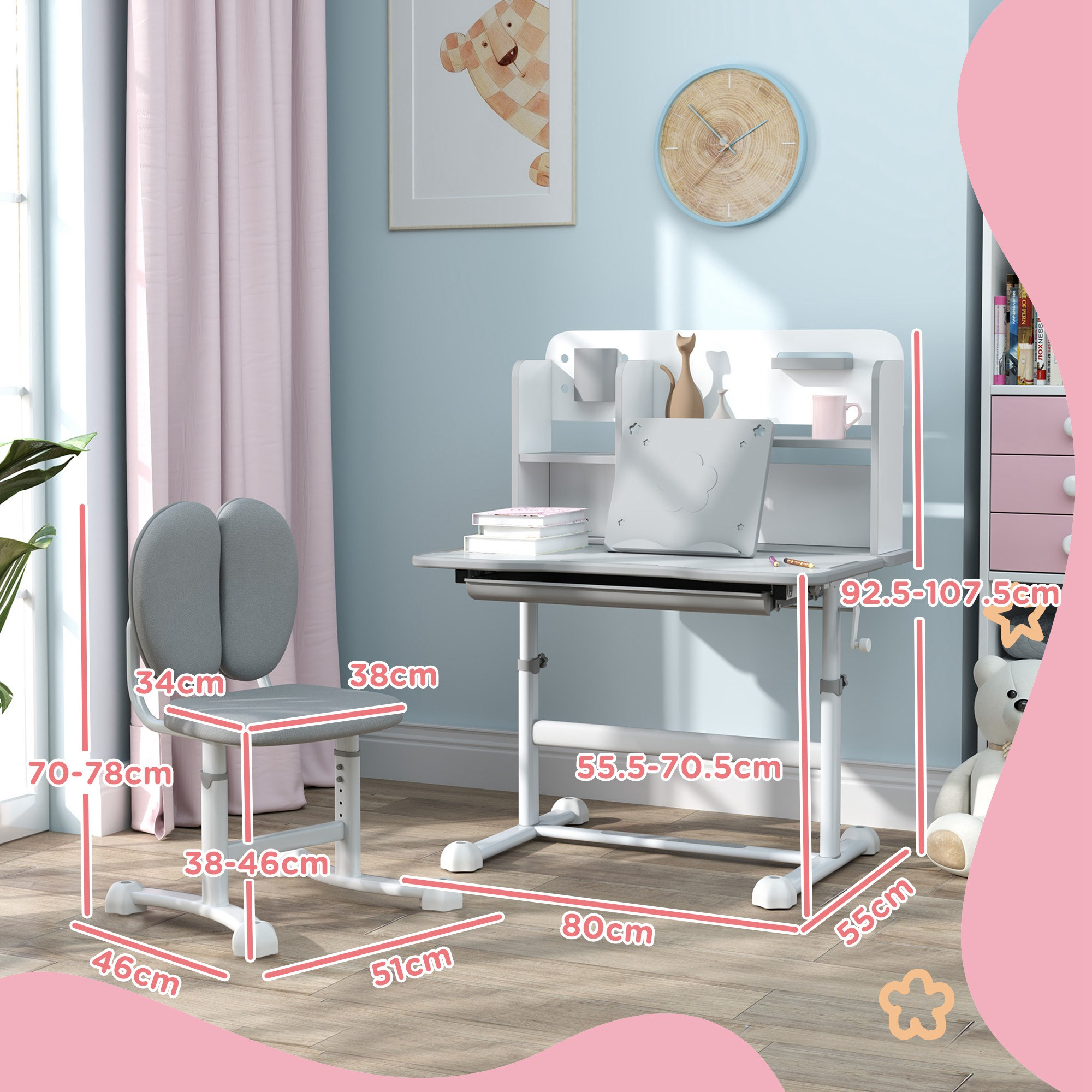 Una scrivania e sedia per bambini regolabile, con dimensioni.