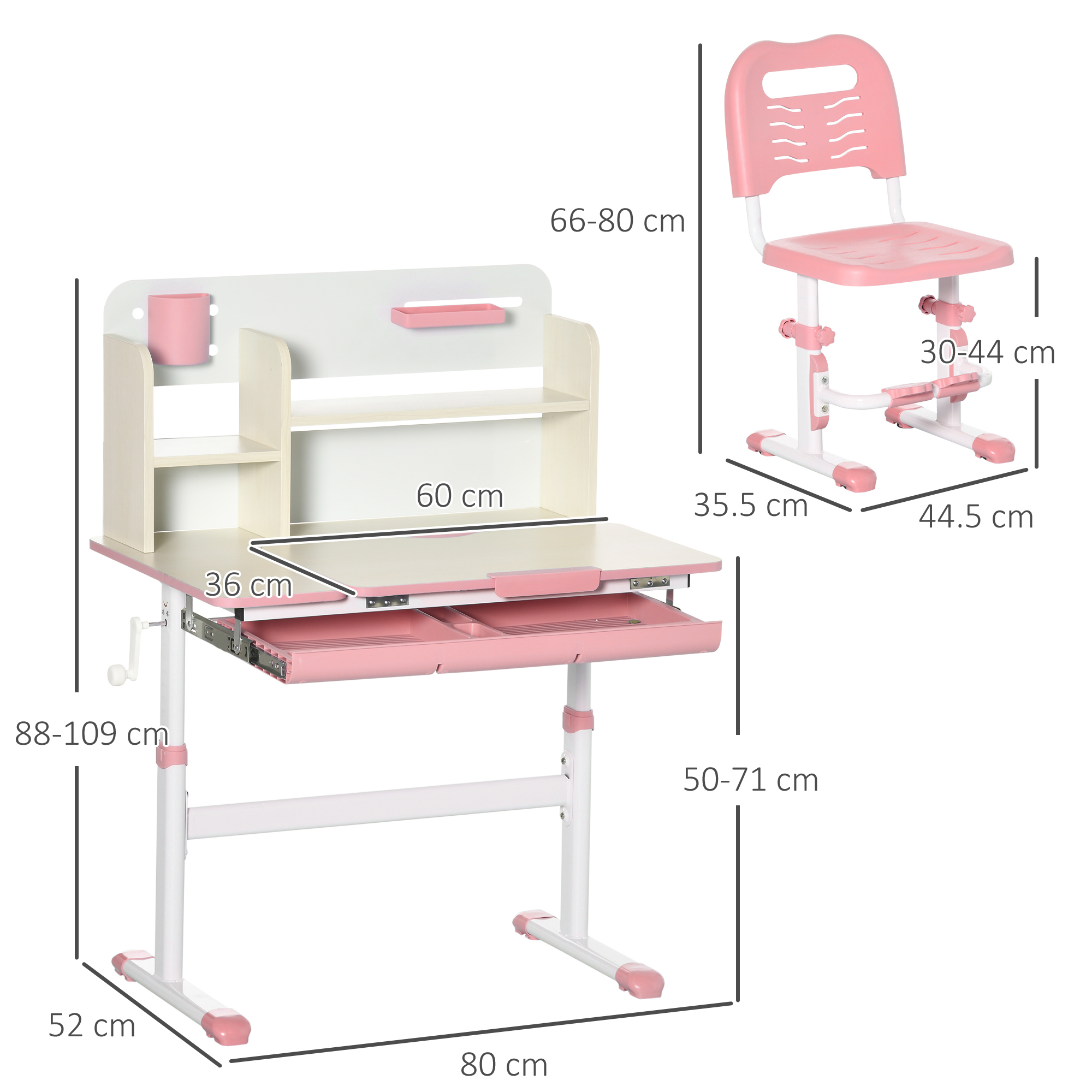 Una scrivania e sedia per bambini rosa e bianchi con misure.