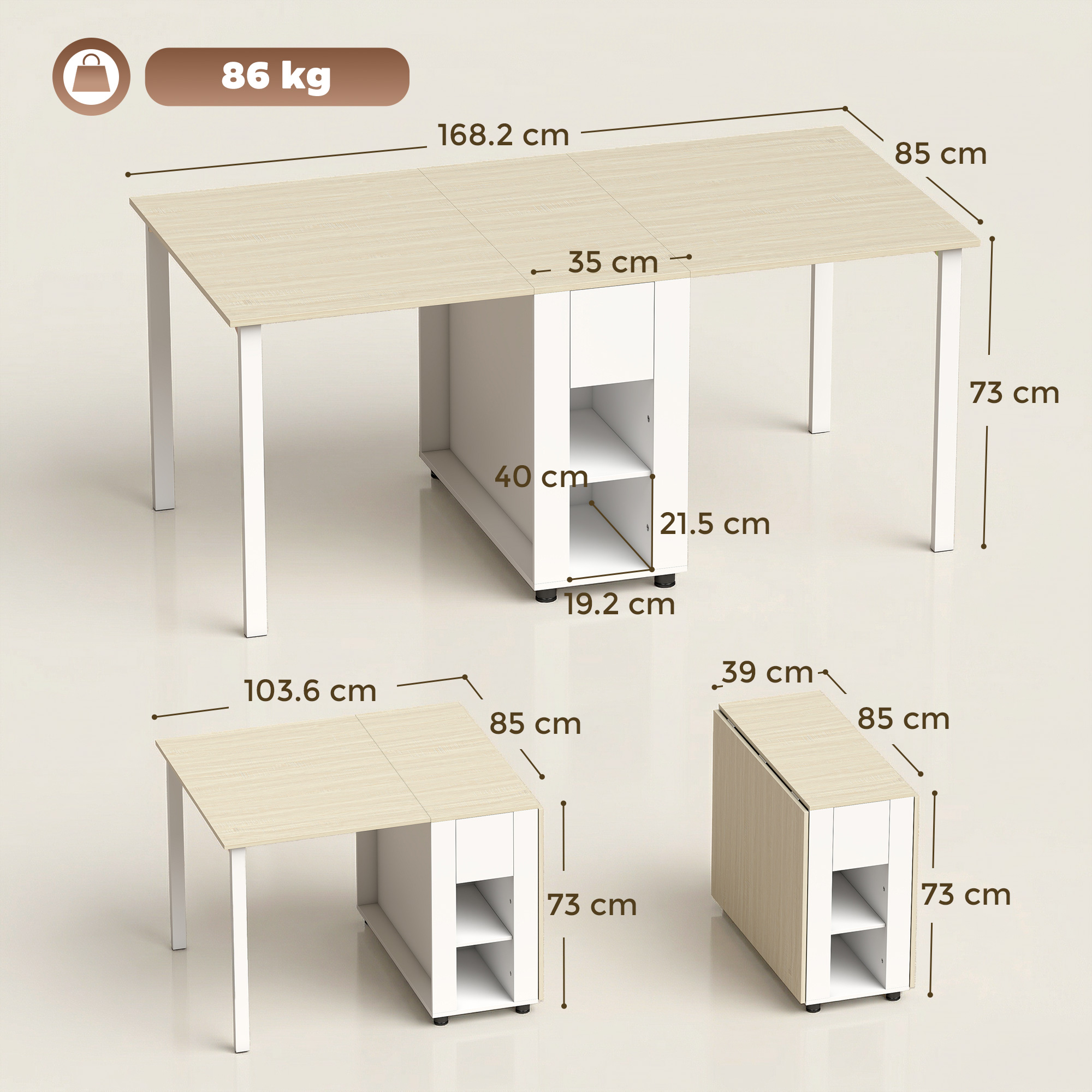 Tavolo estensibile con gambe bianche e piano in legno chiaro. Dimensioni indicate.