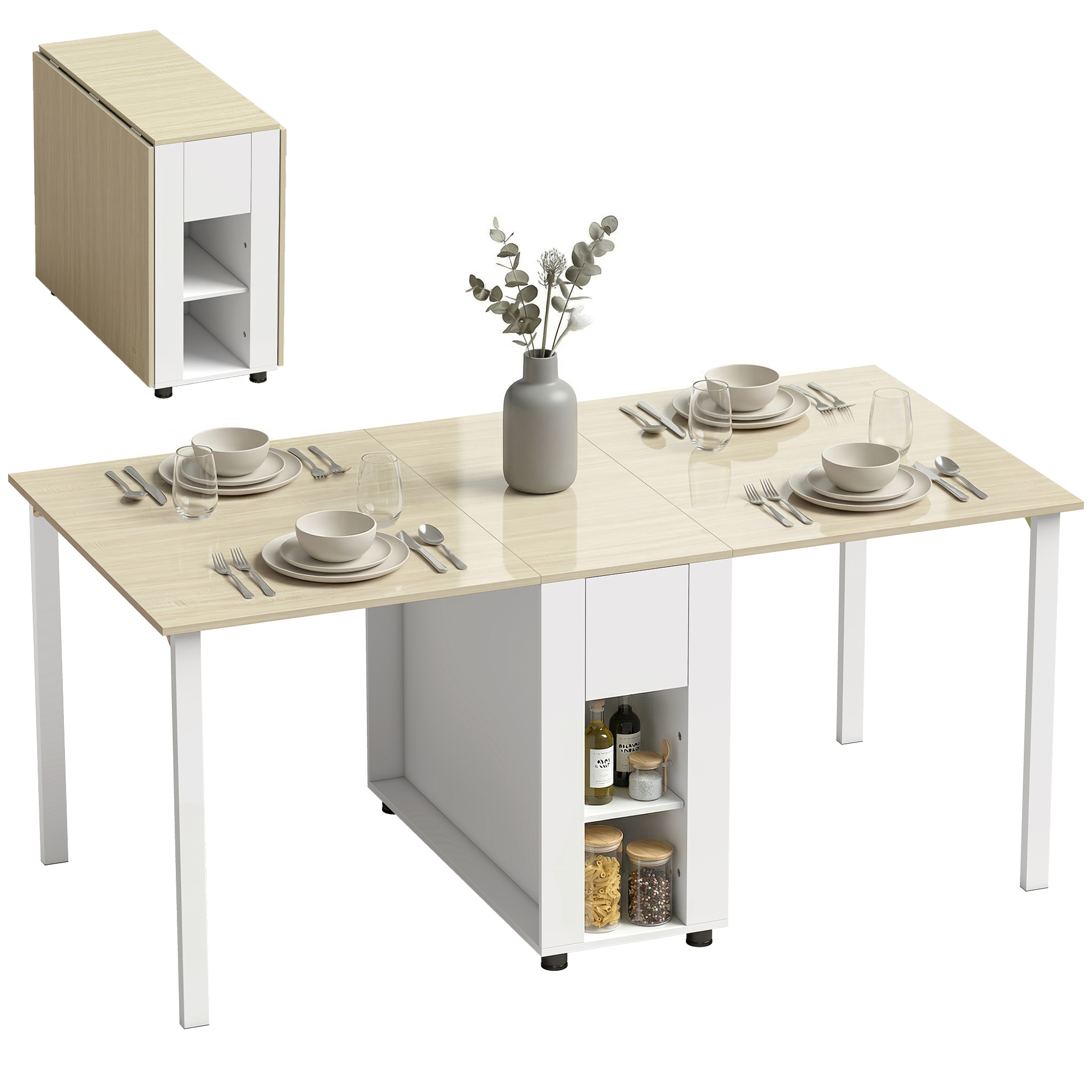 Tavolo da pranzo allungabile con gambe bianche e piano in legno, apparecchiato per quattro.