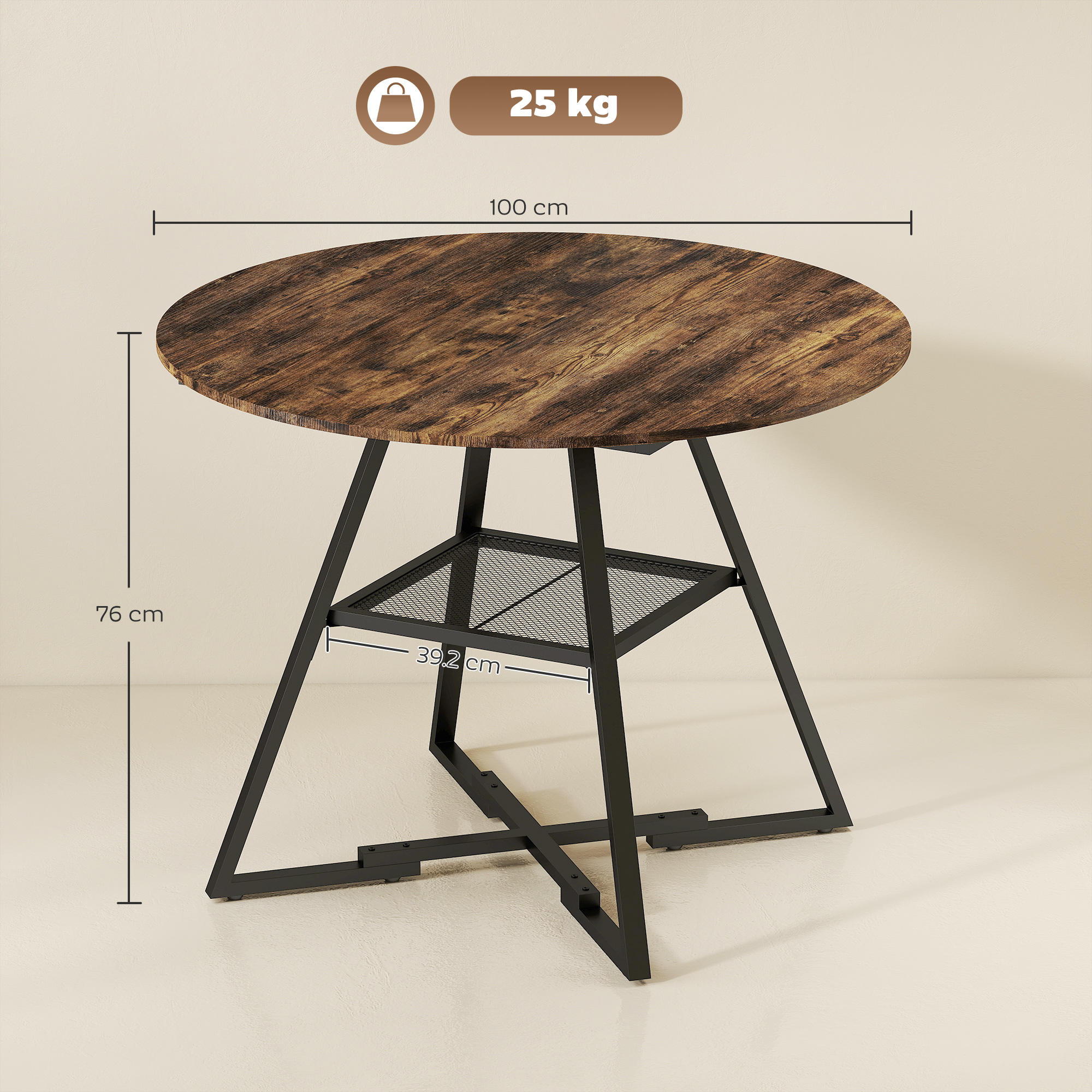 Tavolo rotondo in legno con gambe in metallo, largo 100 cm, alto 76 cm.