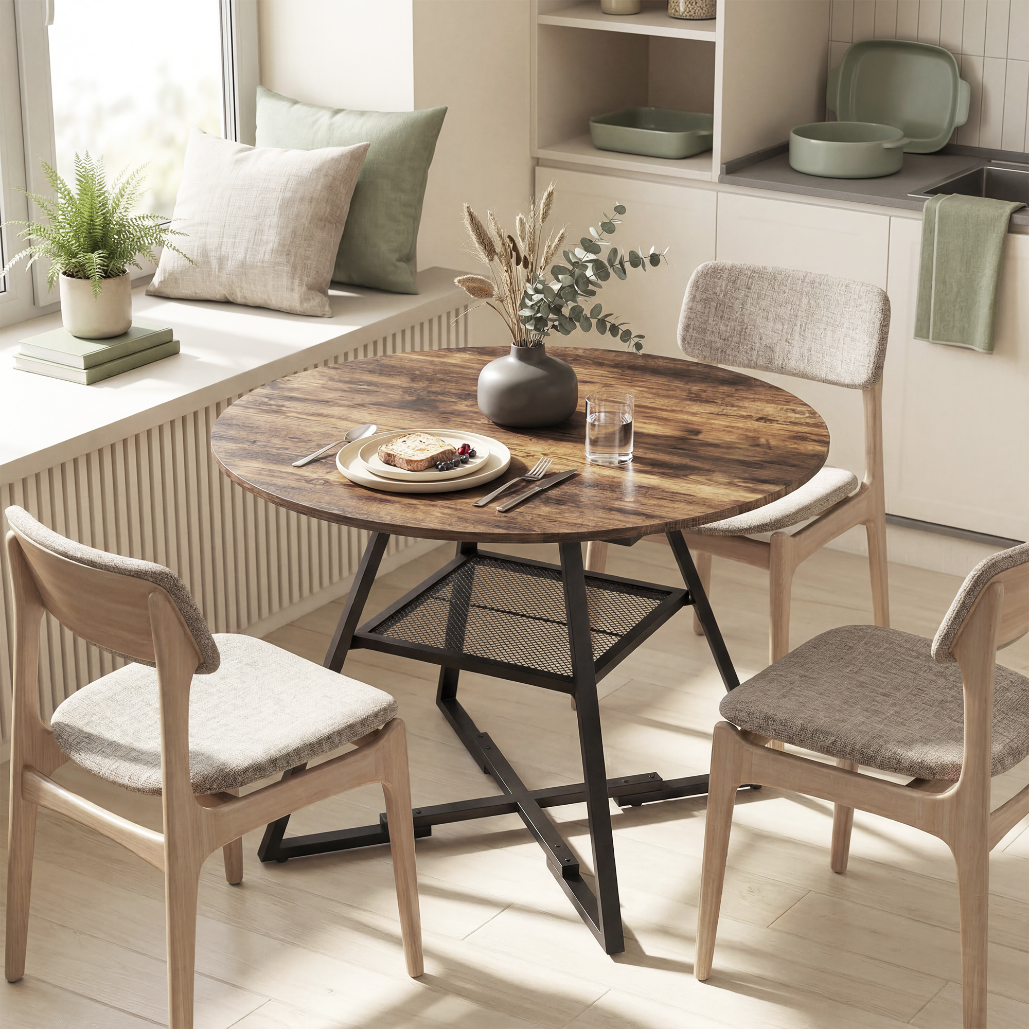 Un tavolo rotondo in legno con quattro sedie si trova in una stanza luminosa con elementi da cucina.