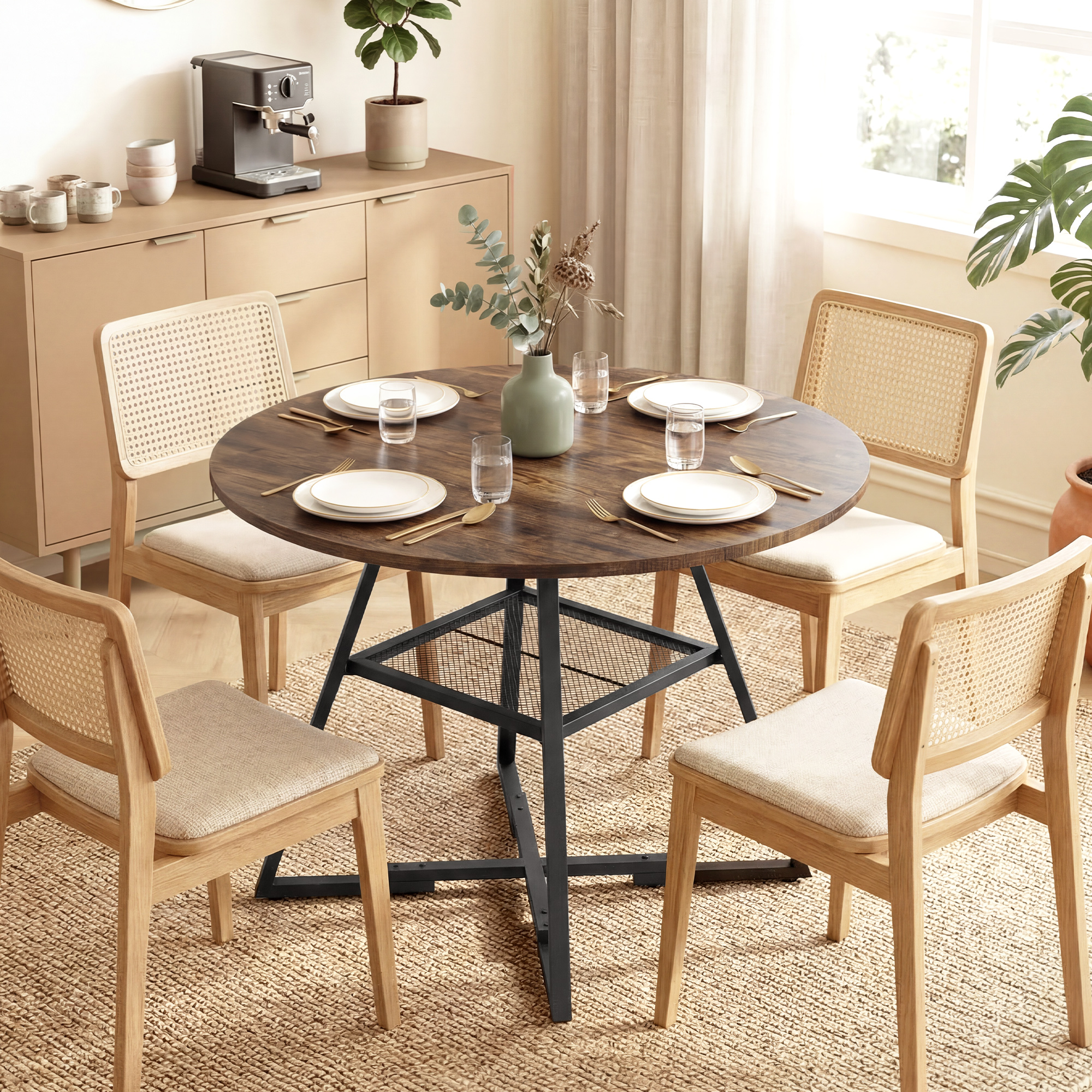 Un tavolo da pranzo rotondo in legno con quattro sedie con schienale in rattan e cuscini chiari.