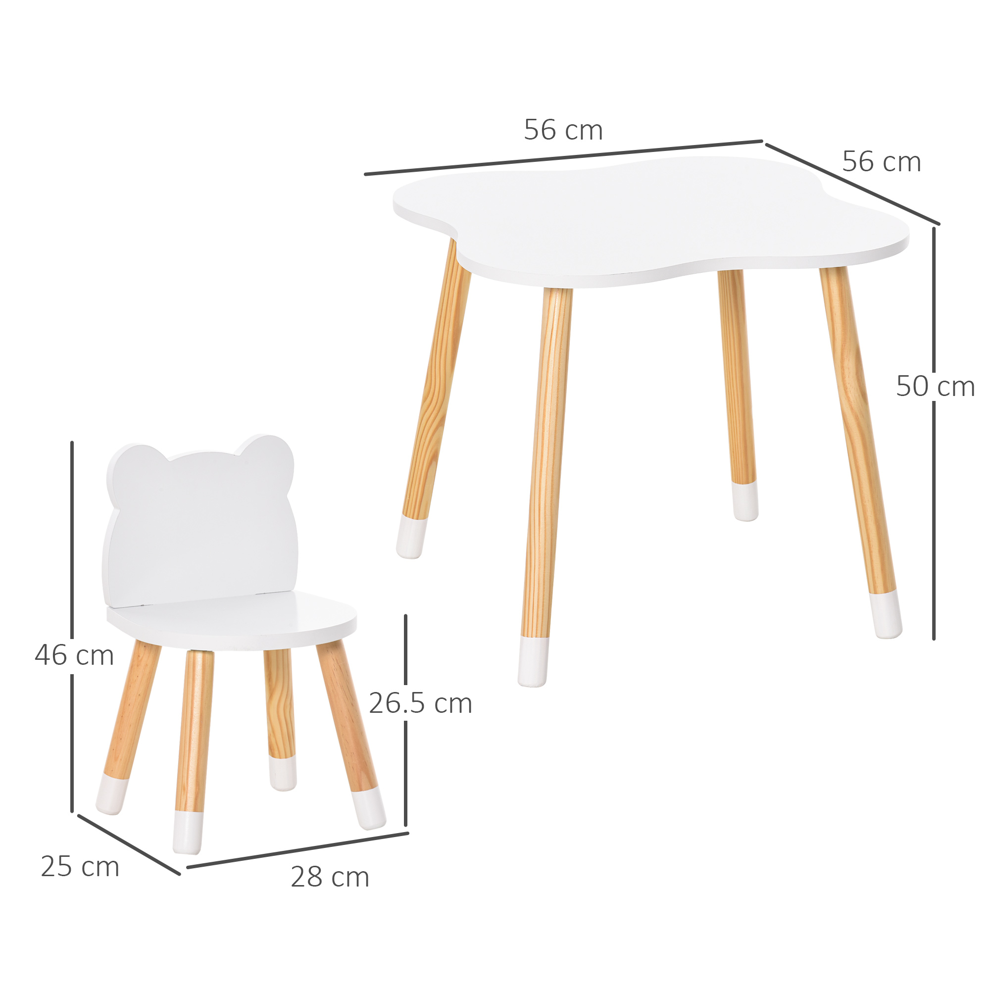 Tavolo bianco a forma di nuvola e sedia a forma di orso con gambe in legno.