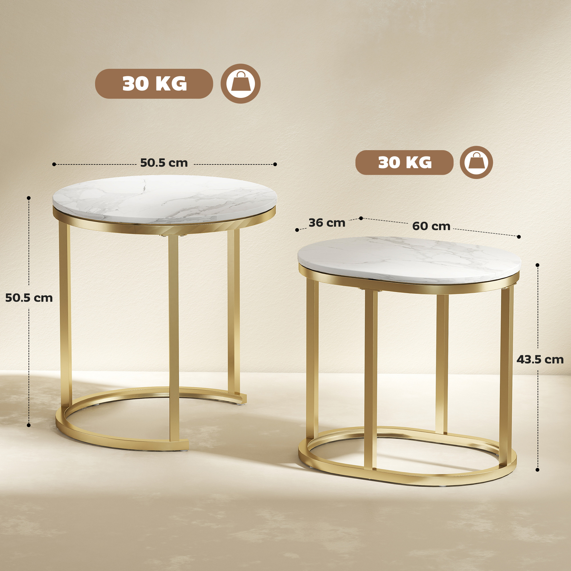Due tavolini in marmo con struttura in metallo dorato. Dimensioni indicate.