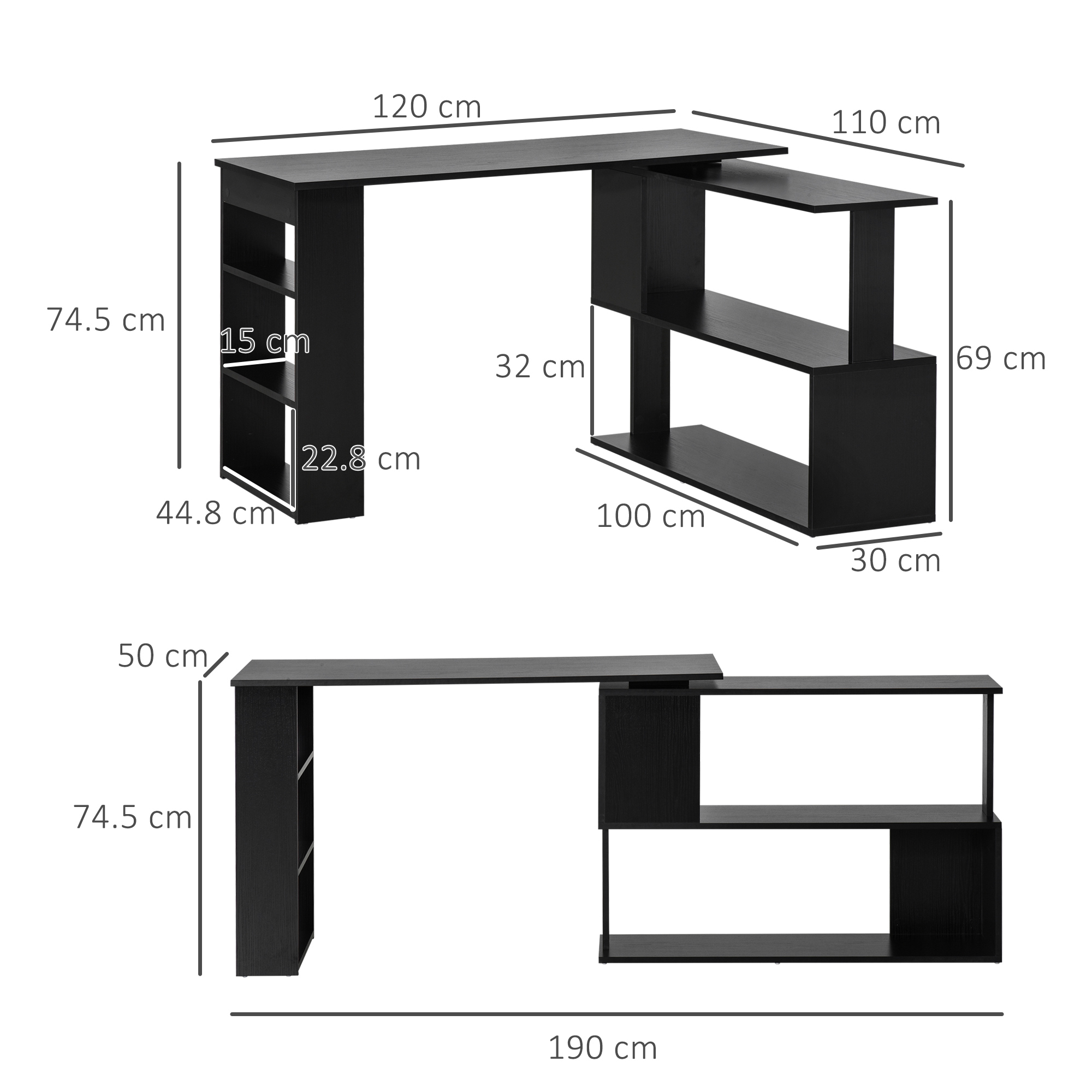 Scrivania nera con mensole, dimensioni indicate.