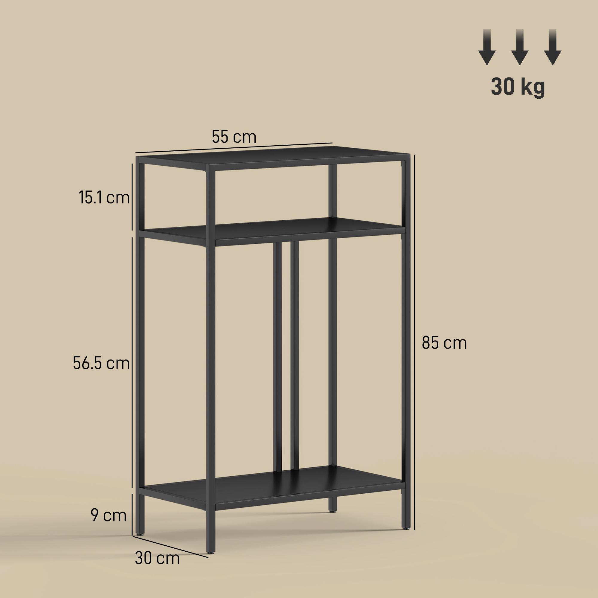Scaffale nero a tre ripiani, dimensioni 55x30x85cm, capacità 30kg.
