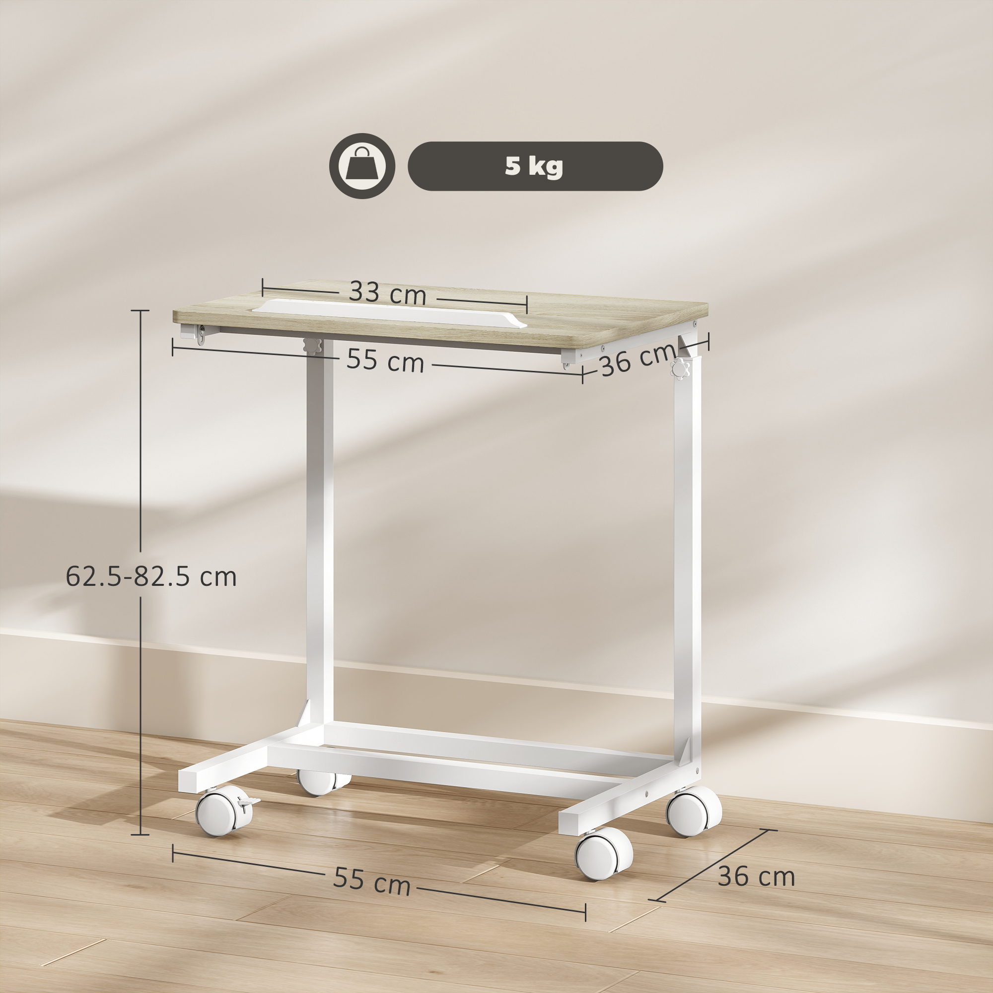 Tavolo leggero con ruote, misura 55x36x62,5-82,5 cm.