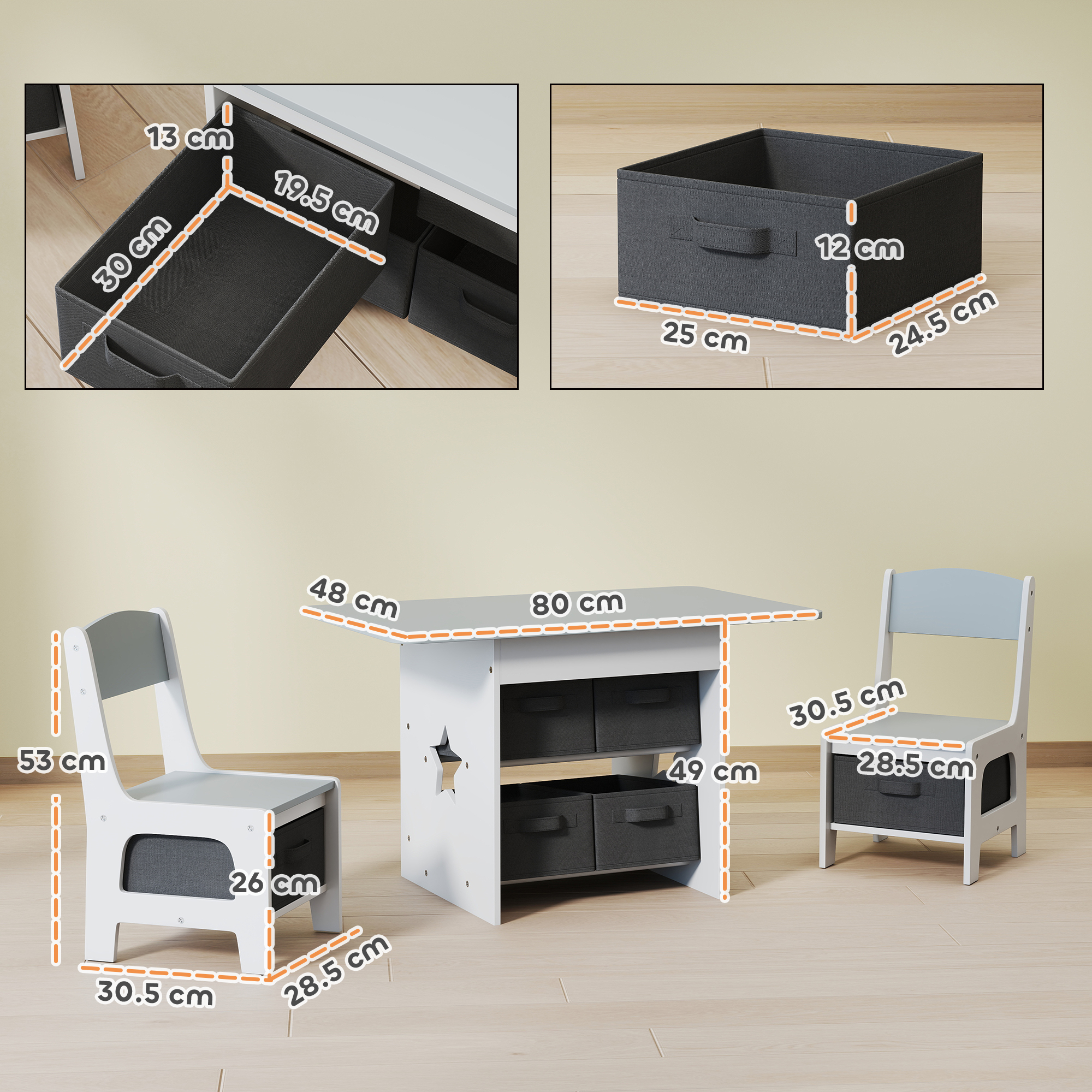 Set scrivania e sedia per bambini con dimensioni in cm.