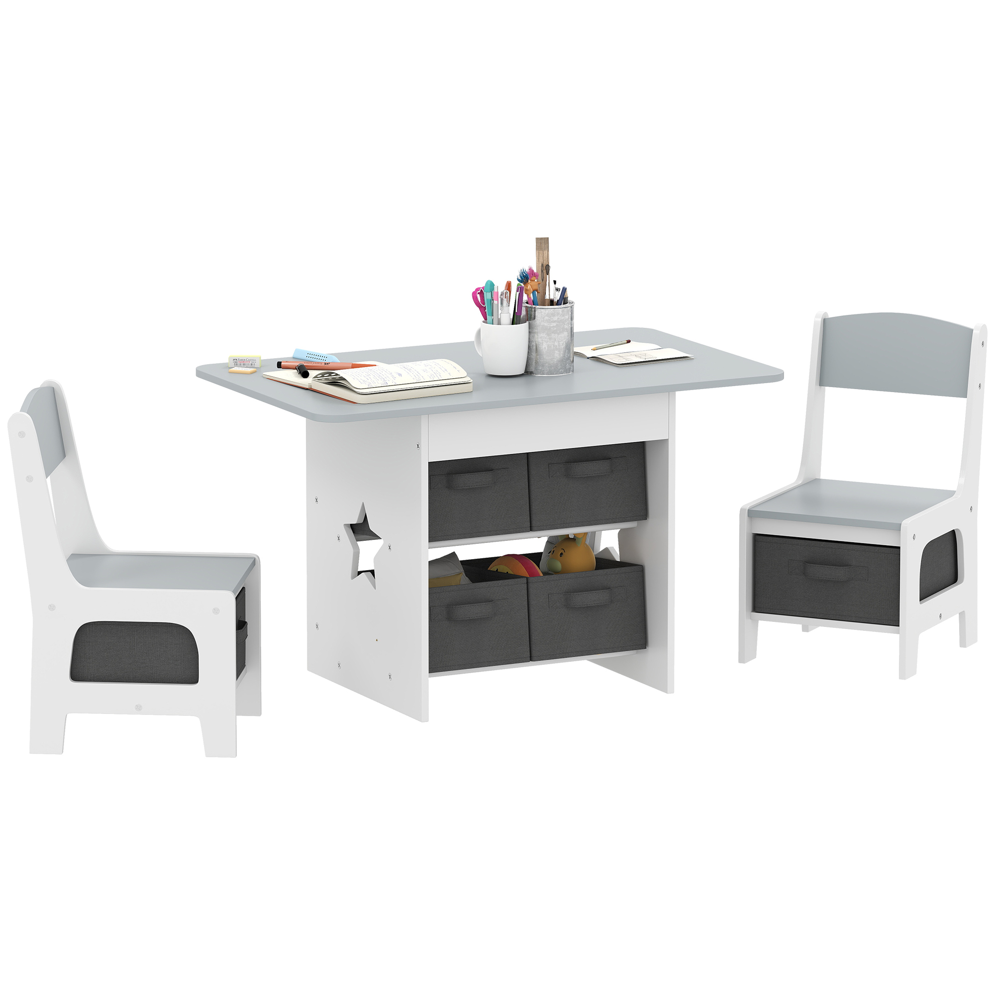 Tavolo per bambini bianco e grigio con due sedie e contenitori.