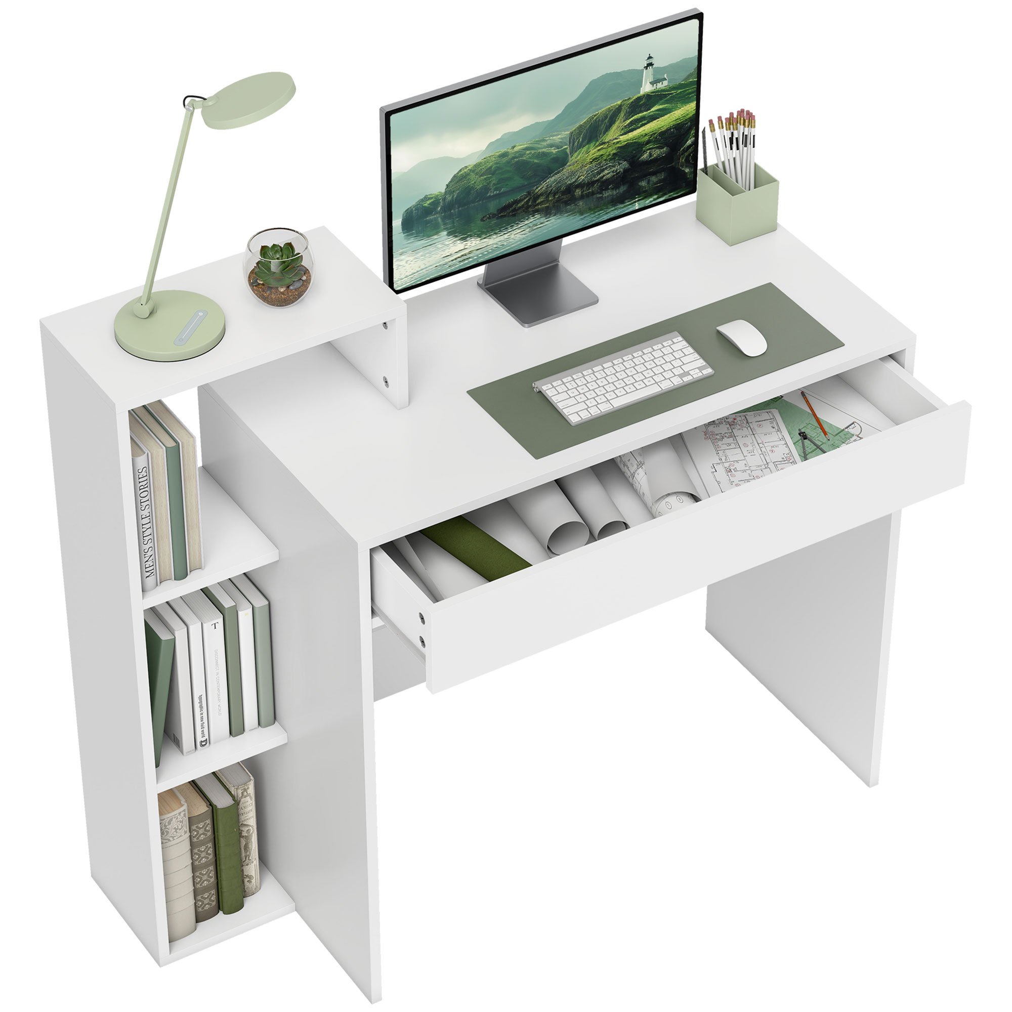 Una scrivania bianca con monitor, lampada, libri e un cassetto aperto.