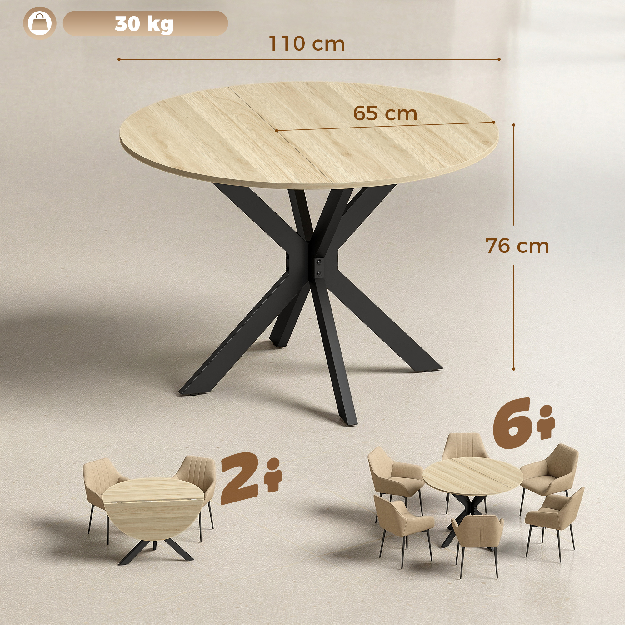Tavolo rotondo in legno con base in metallo nero, 110x76cm, per 2 o 6 persone.
