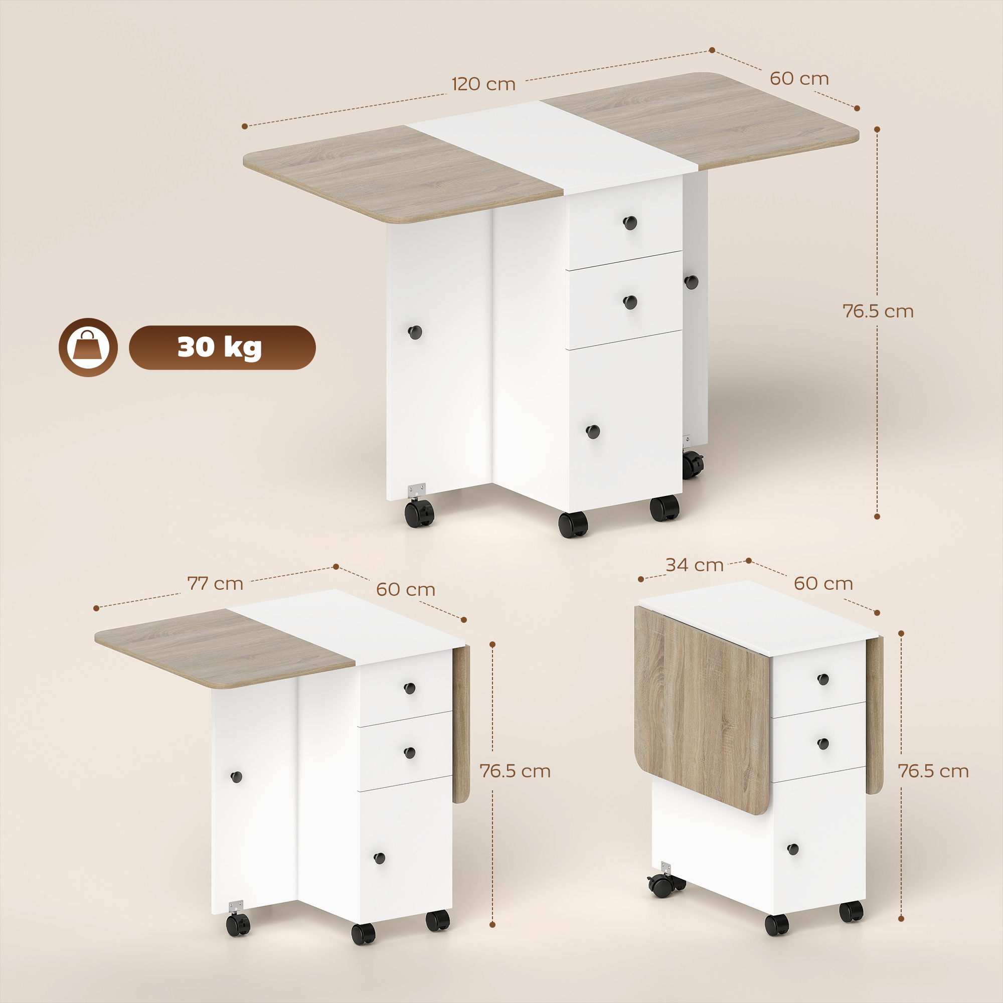 Tavolo allungabile con cassetti e ruote, capacità 30 kg.