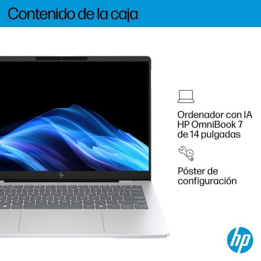 Un portátil HP OmniBook 7 plateado con un patrón de ondas azules en la pantalla.