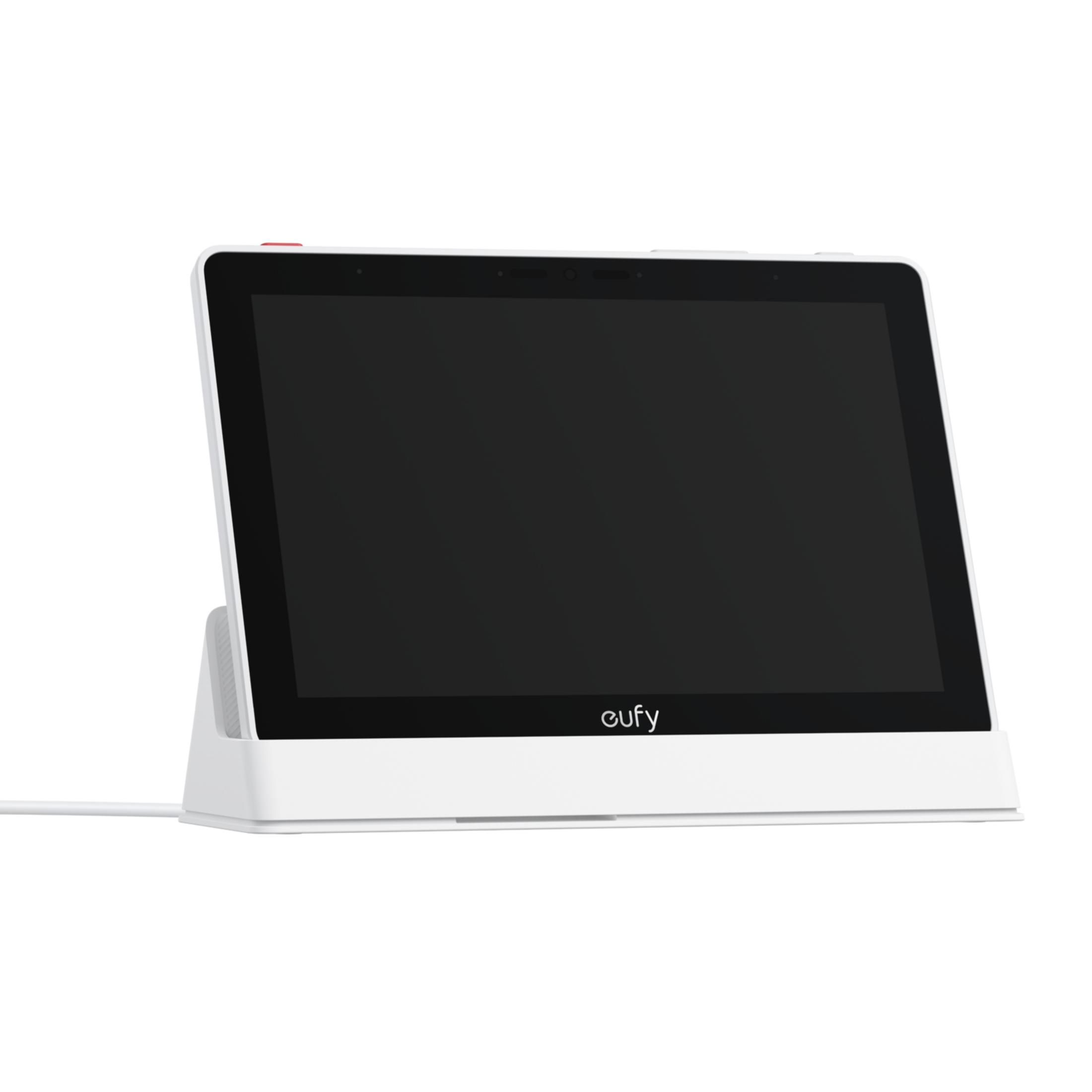 Ein weißes Eufy-Tablet auf einer Ladestation mit einem schwarzen Bildschirm.