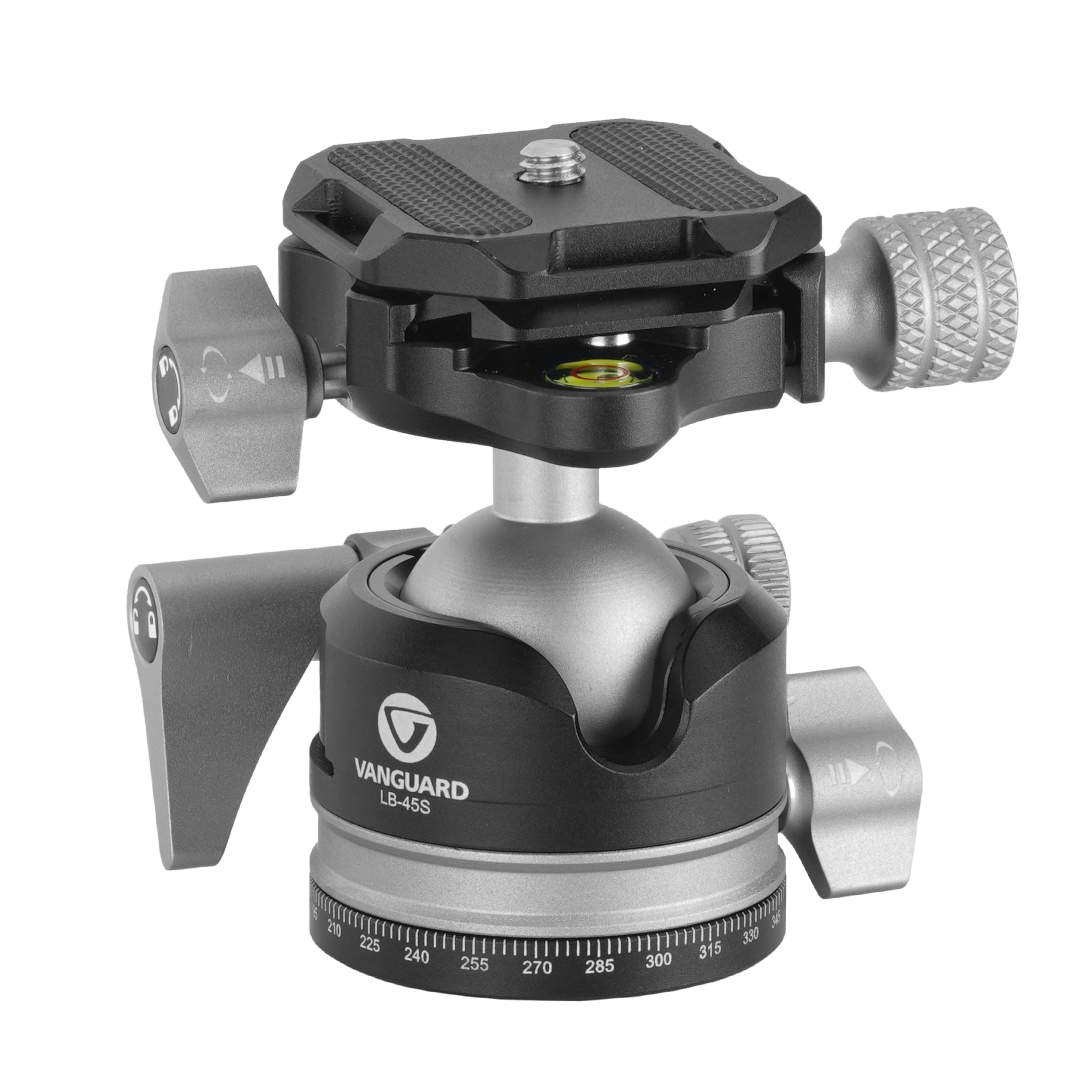Un cabezal de bola Vanguard LB-45S gris y negro para cámaras con placa de liberación rápida.