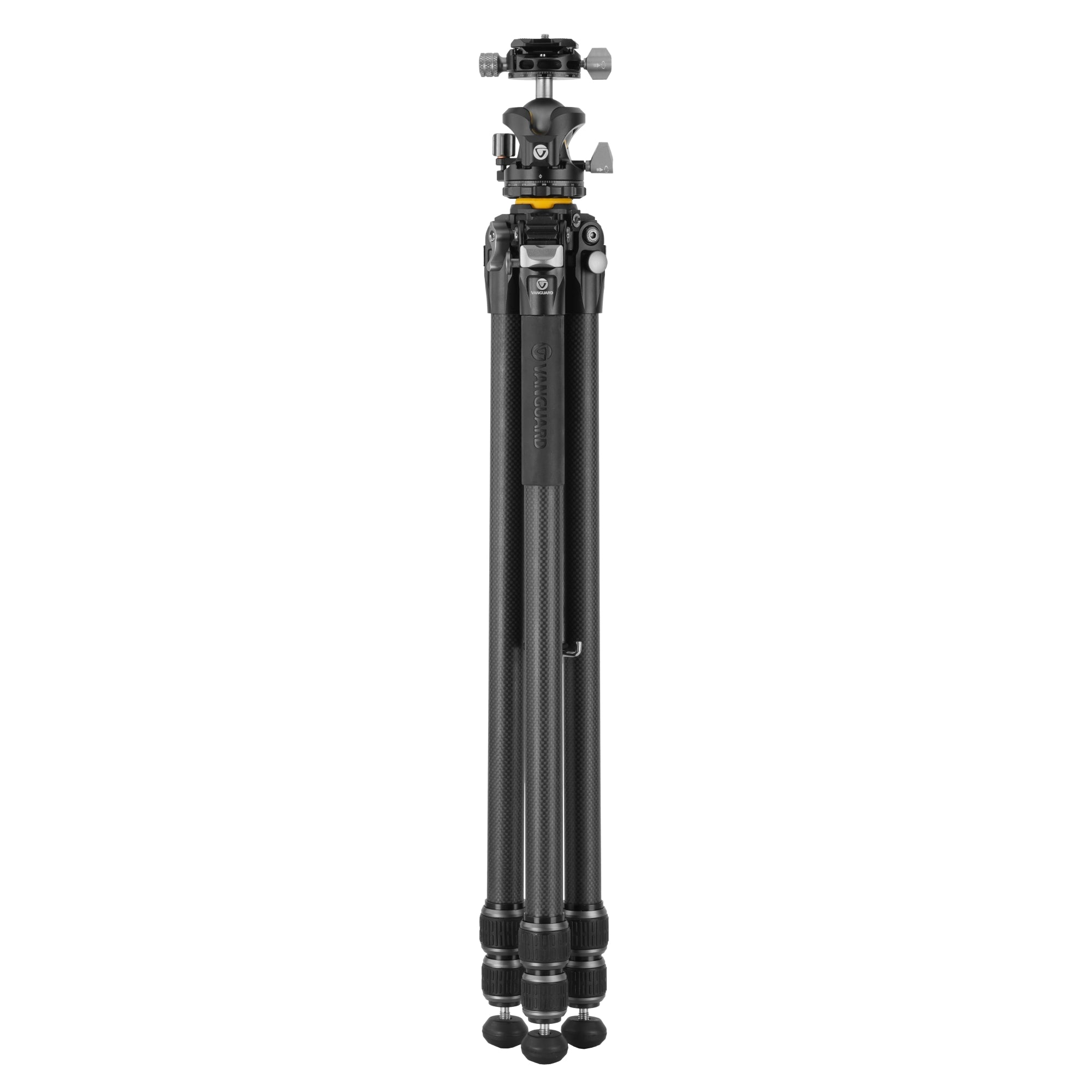 Un trípode negro de carbono con detalles plateados y amarillos.