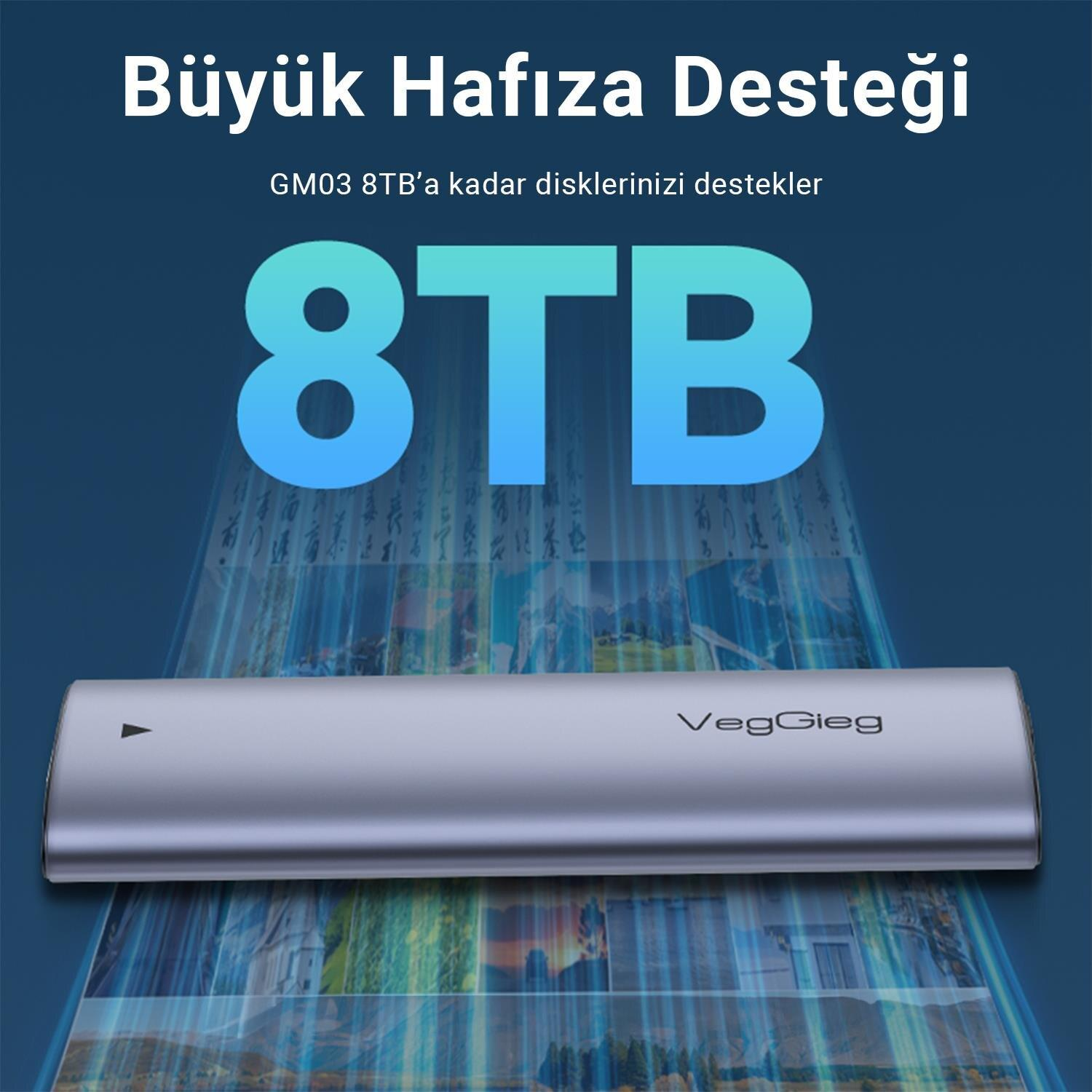 8 TB depolama kapasiteli gümüş harici sürücü ve arka plan grafikleri.