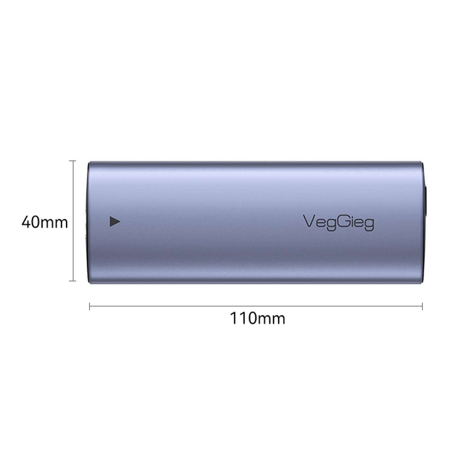 Gri 'VegGieg' logolu, ince, dikdörtgen bir cihaz. Boyutlar: 110 mm x 40 mm.