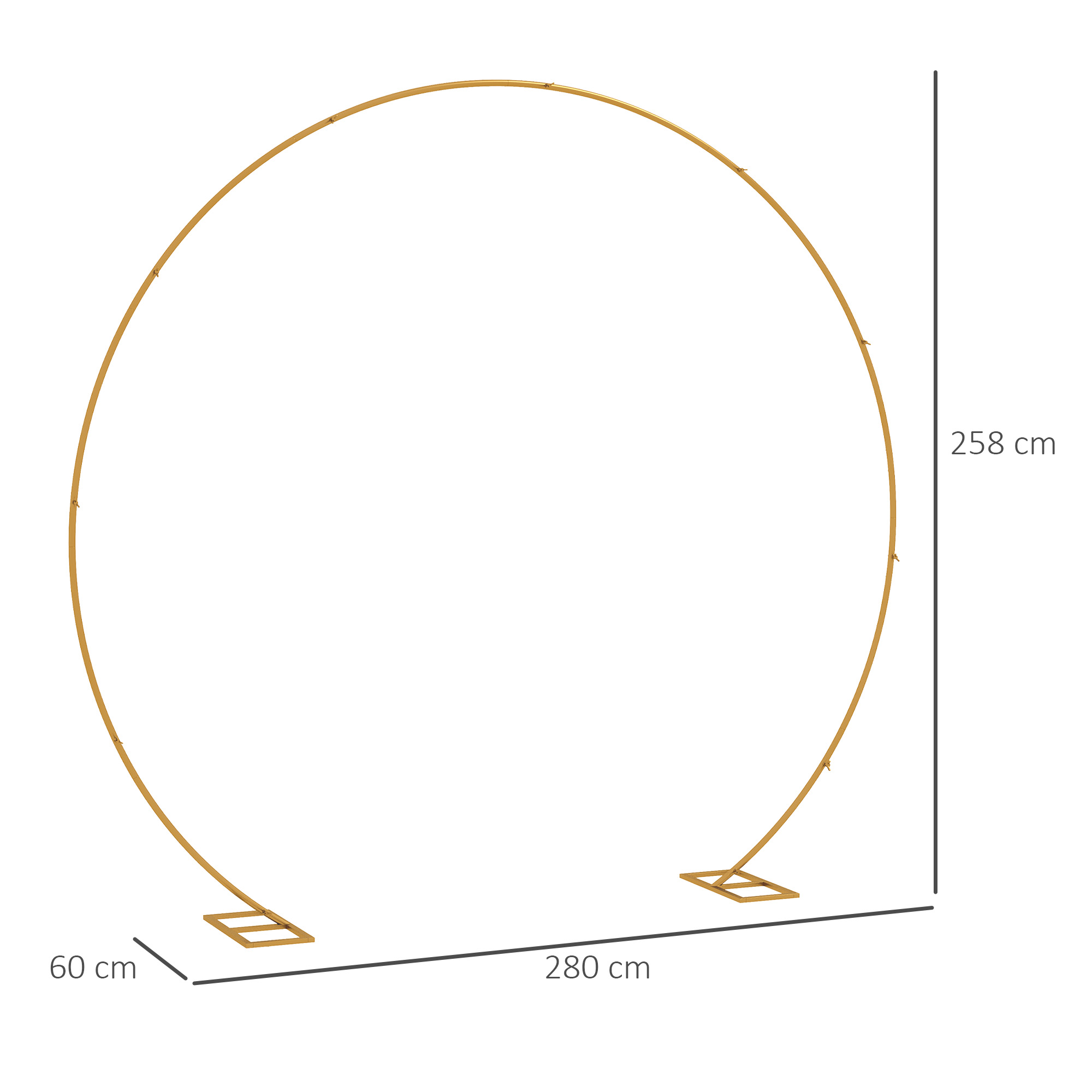 Arco rotondo dorato con due basi rettangolari. Dimensioni: 280x258x60 cm.