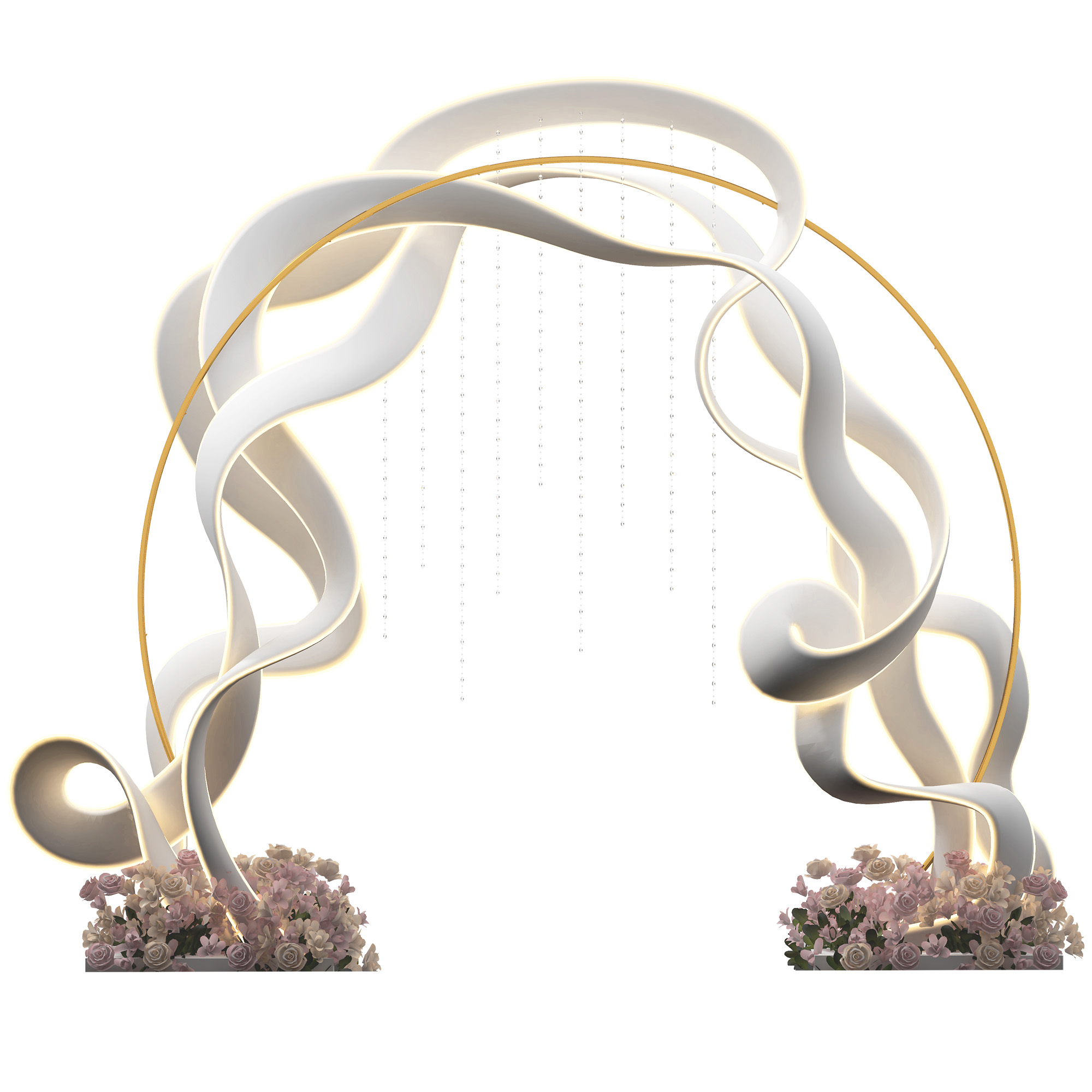 Un arco dorato con nastri bianchi fluenti e fiori alla base.