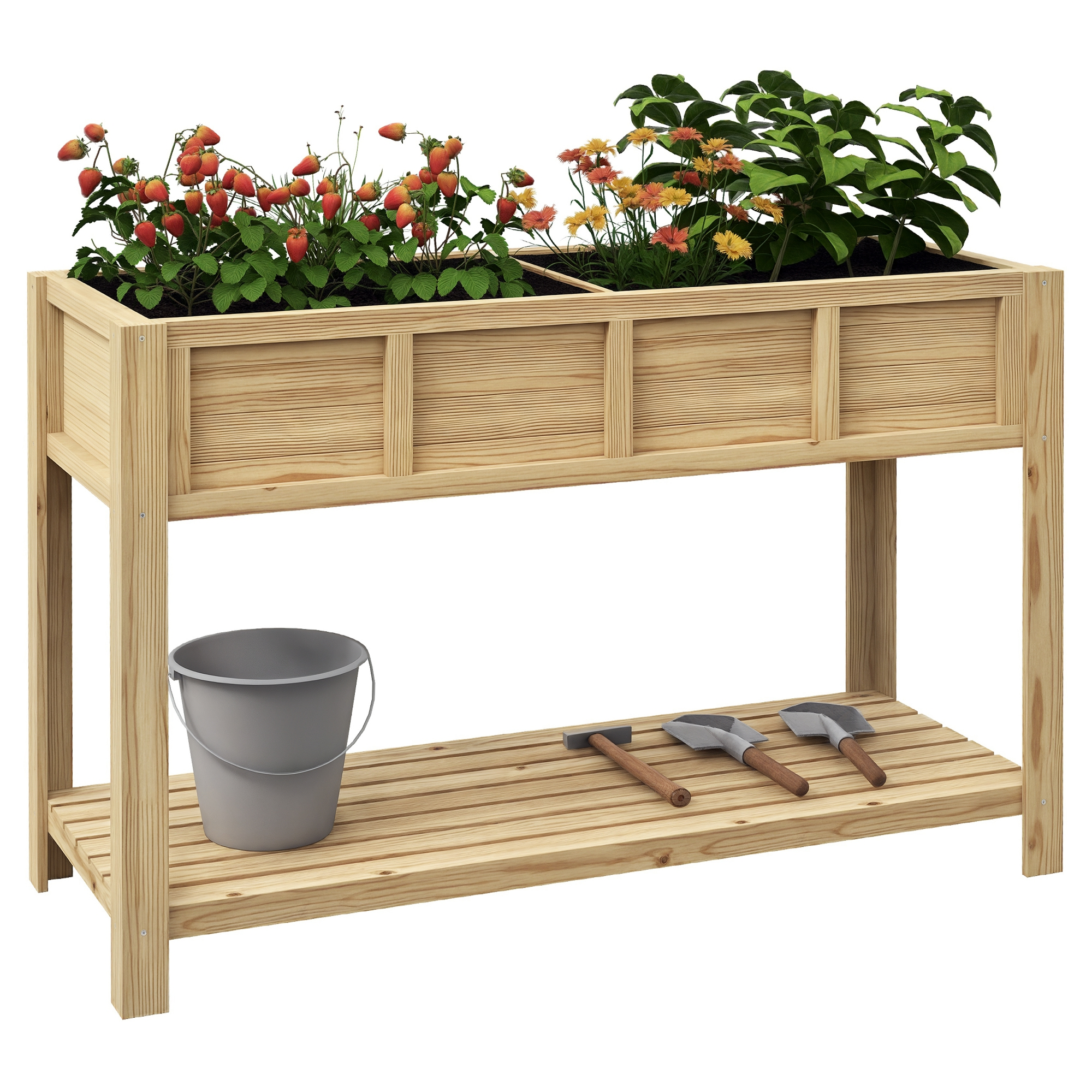 Fioriera rialzata in legno con fragole, fiori e attrezzi sotto.