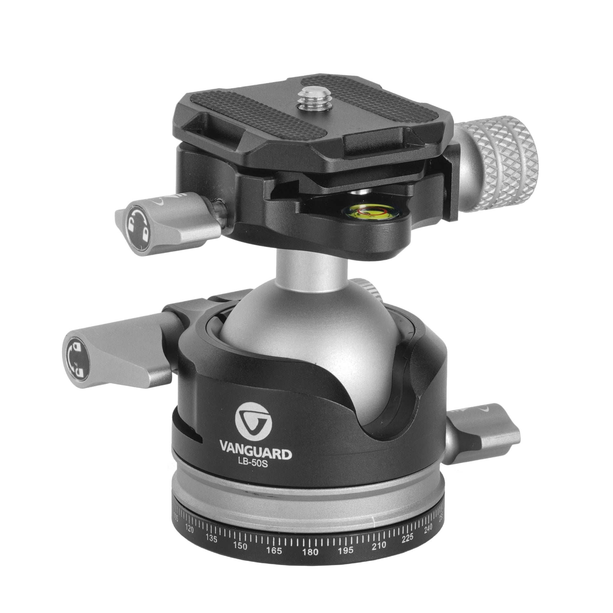 Un soporte de trípode de rótula Vanguard LB-50S negro y plateado con perillas de bloqueo.